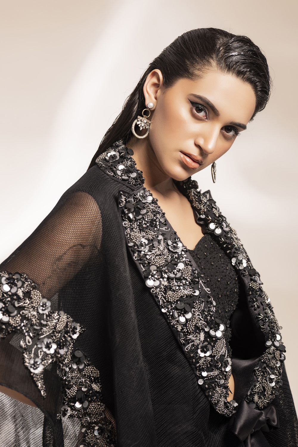 Black Scuba Mesh Kaftan Jacket - Auraya Fashion 