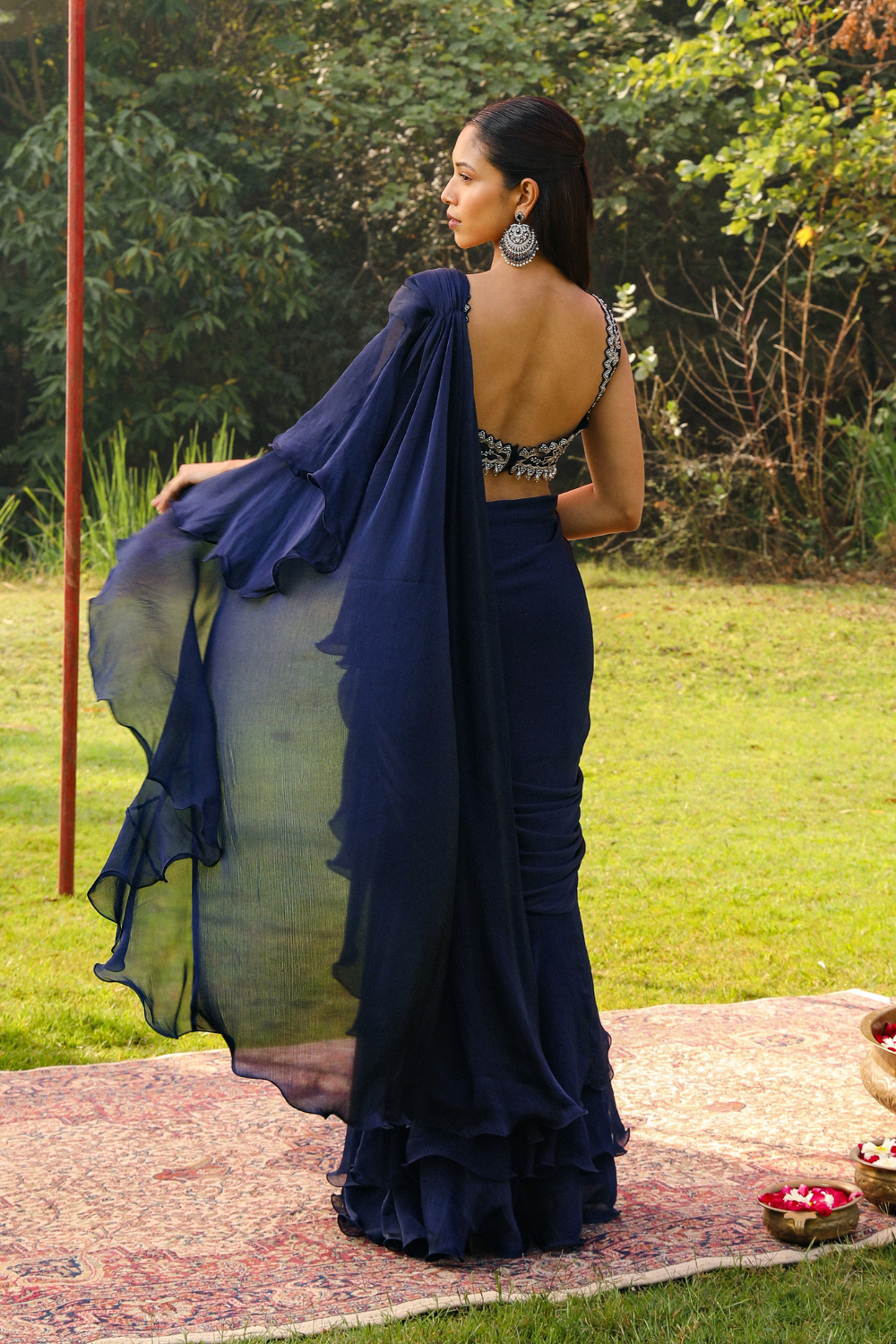 Navy Blue Taraa Pre-Stitched Drape Saree with Princess Sleeves