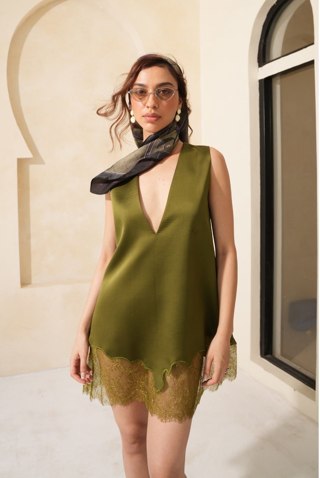 Olive Drab Silk Satin V-Neck Short Dress for Luxury Evening Wear