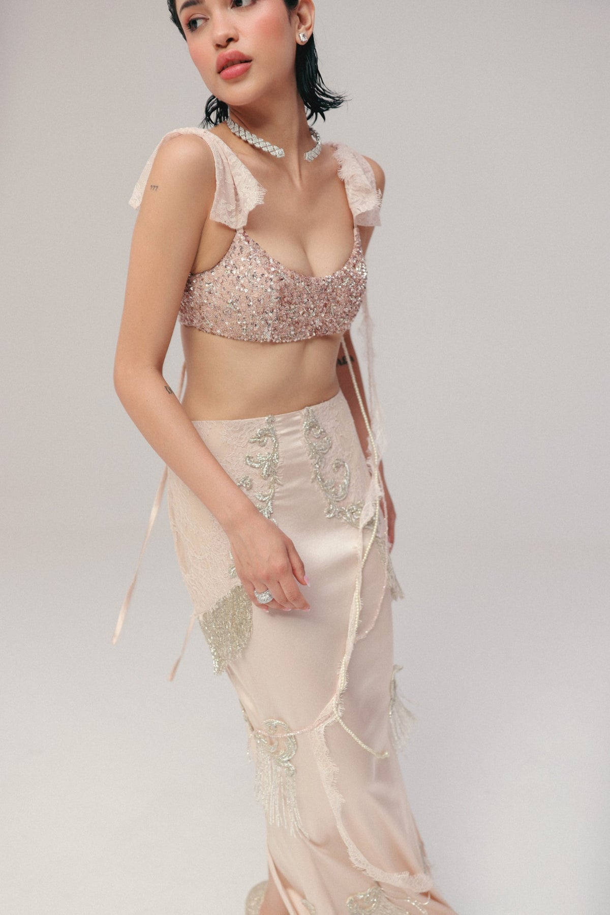 Sequin & Bugle Bead Embroidery, Silk Satin & French Lace, Skirt Set, Blouse Silhouette