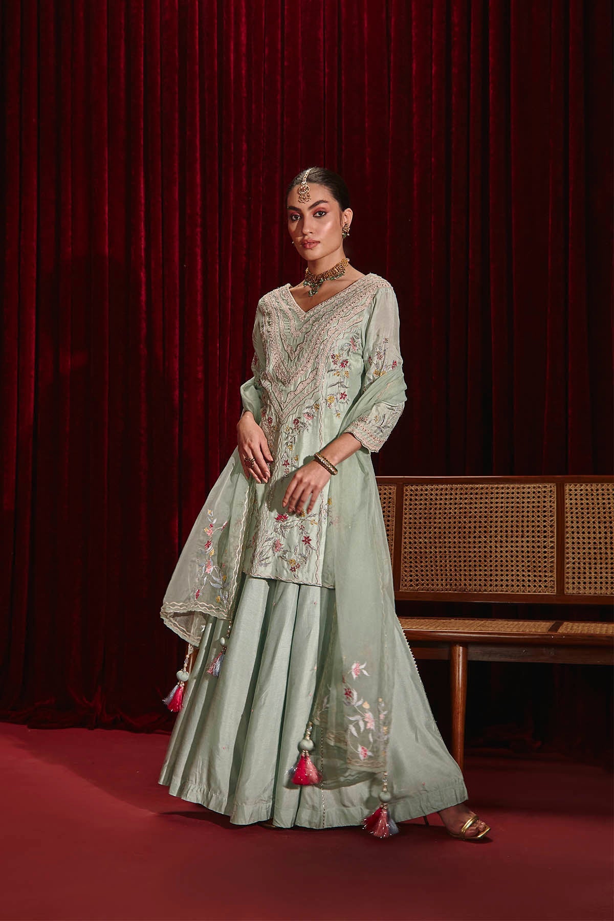 Powder Blue Dupion Silk Embroidered Kurta Sharara Set for Weddings