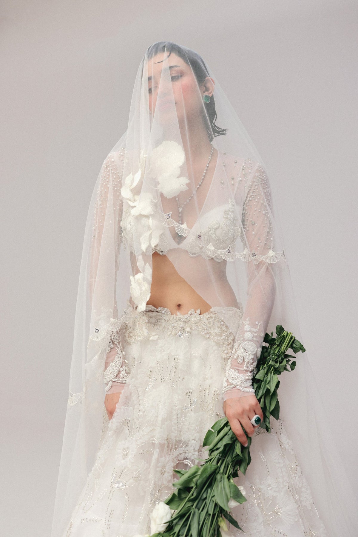 Pearl & Zardosi Embroidery, Tulle & French Lace with Silk, Skirt Set, Full Sleeve Blouse Silhouette