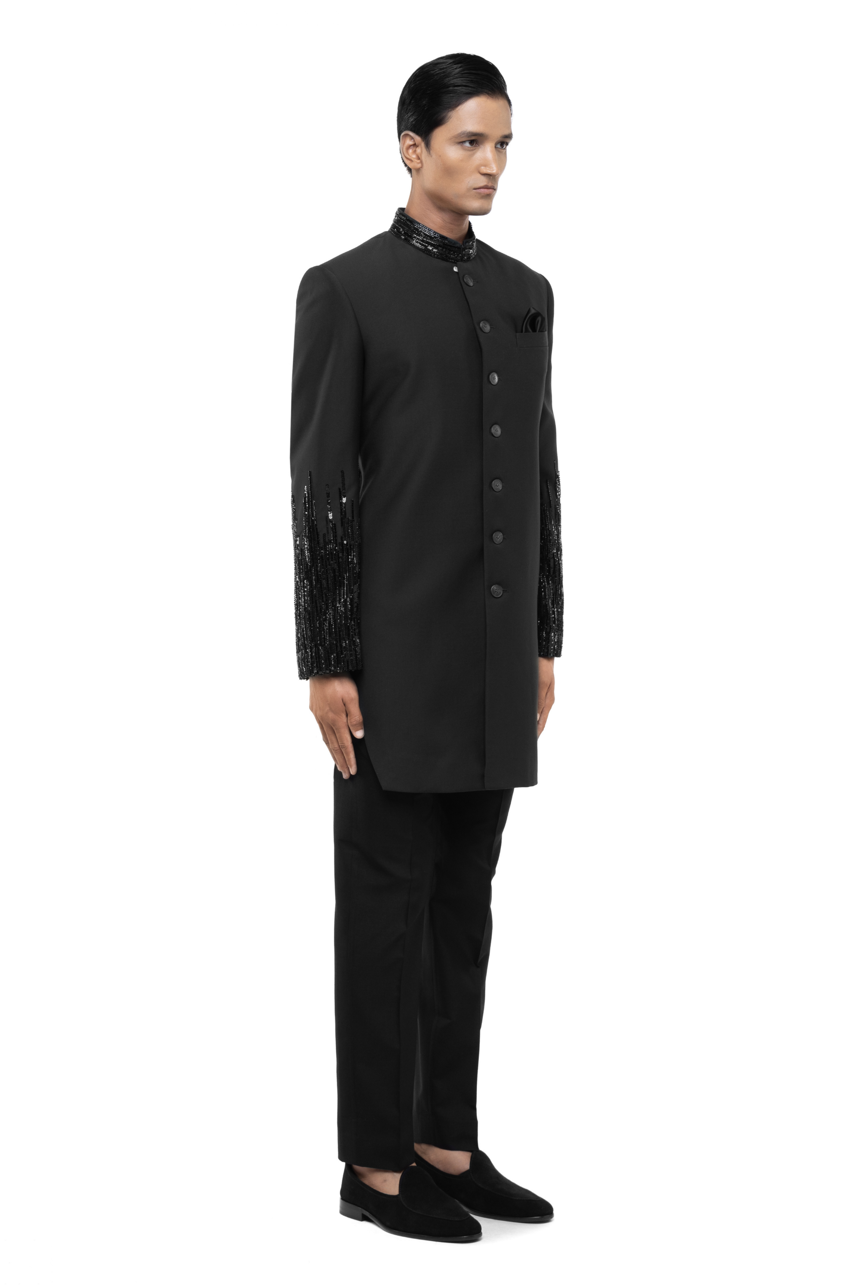 Green Worsted Wool Embroidered Sleeves Sherwani Set