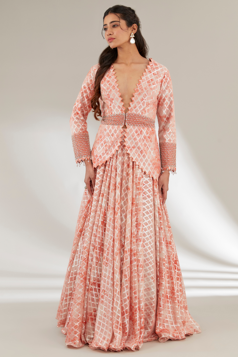 Rust Orange Embroidered Amara Jacket Set with Flared Skirt