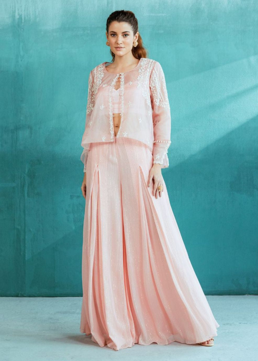Peach Embroidered Organza Palazzo Set