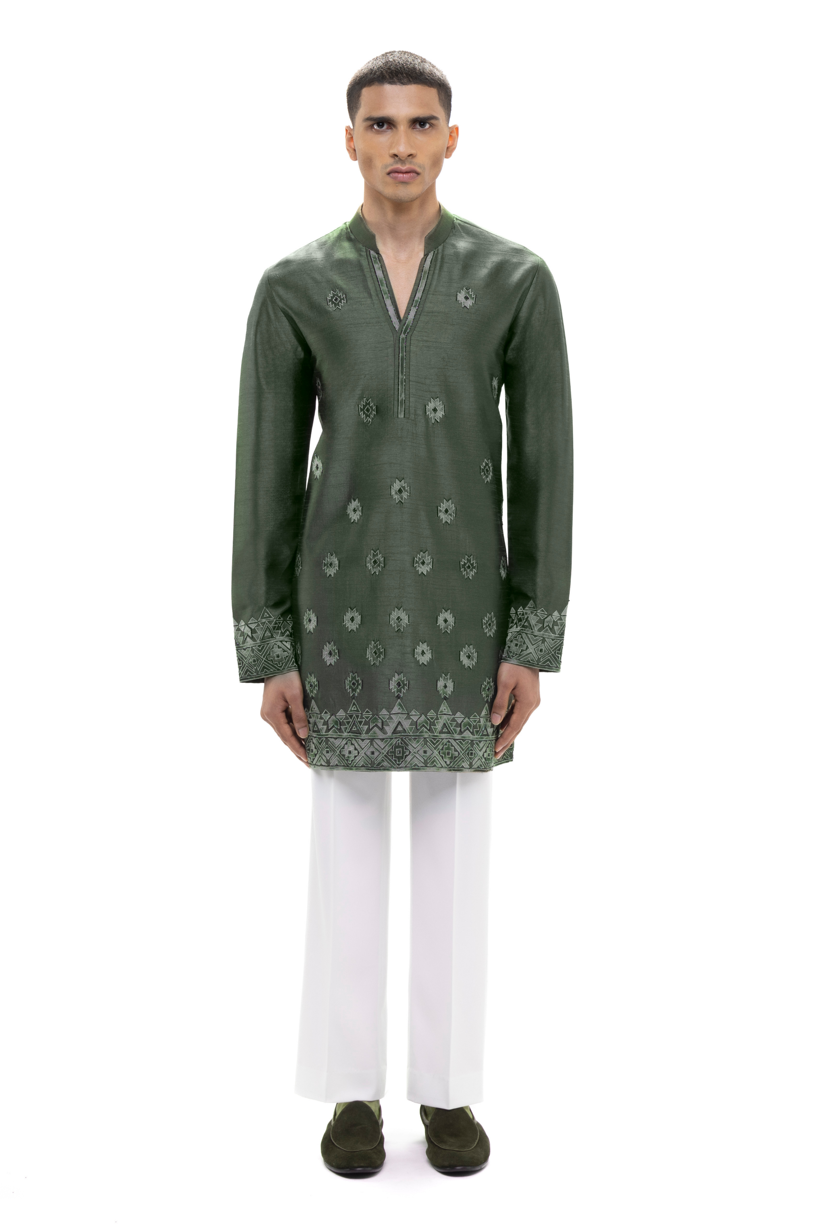 Green Organza Contrast Applique Embroidered Kurta Set