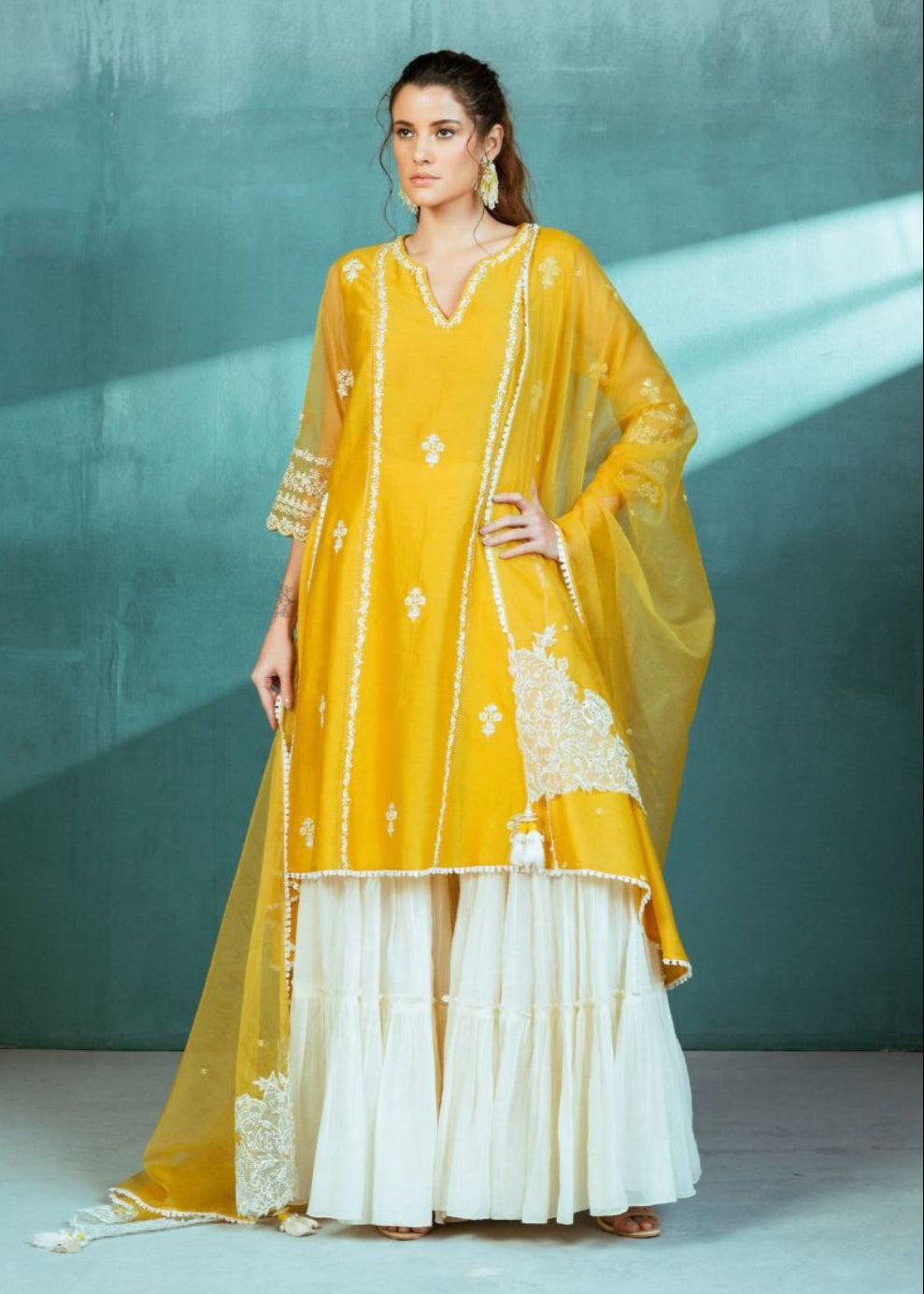 Mustard Chanderi Godet Kurta Sharara Set