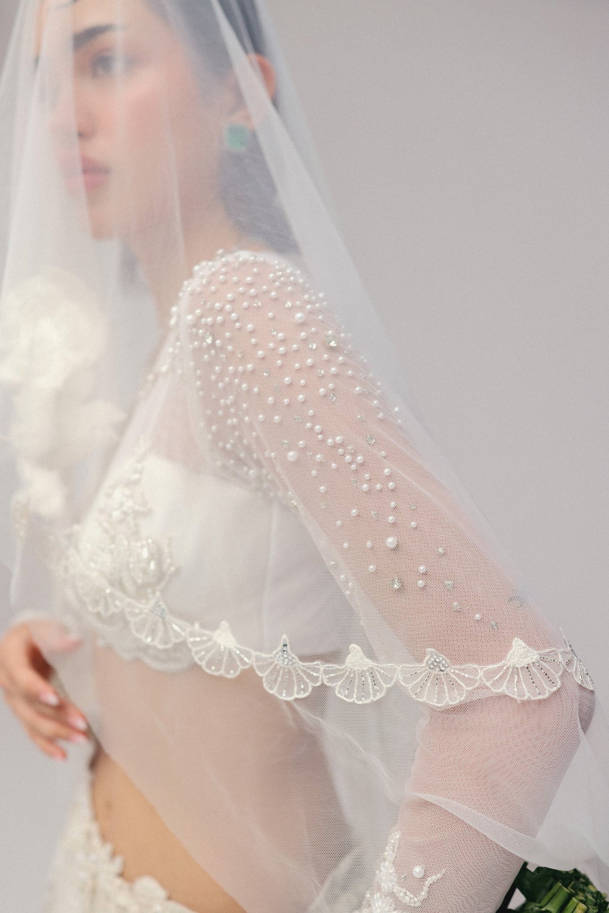 Pearl & Zardosi Embroidery, Tulle & French Lace with Silk, Skirt Set, Full Sleeve Blouse Silhouette