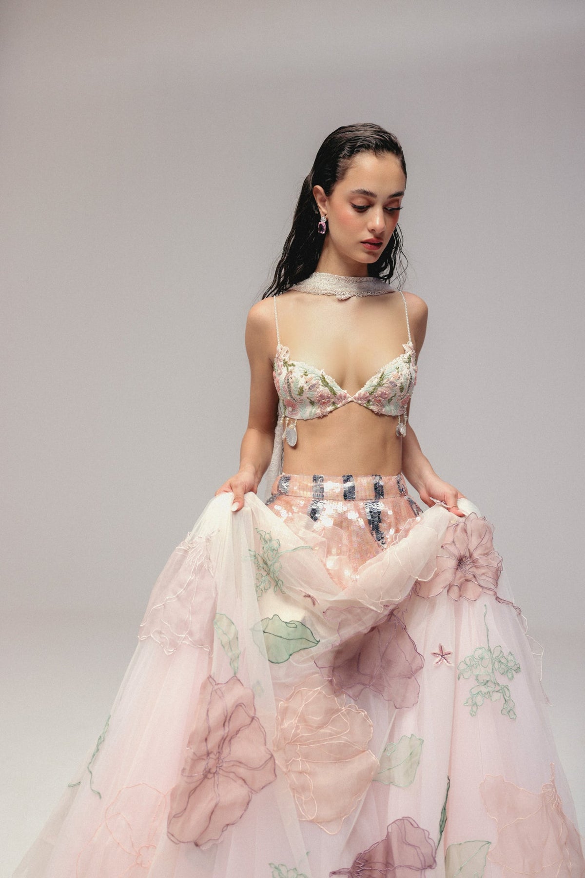 Beaded & Sequin Embroidery, Silk & Soft Tulle with French Lace, Skirt Set, Bralette Silhouette