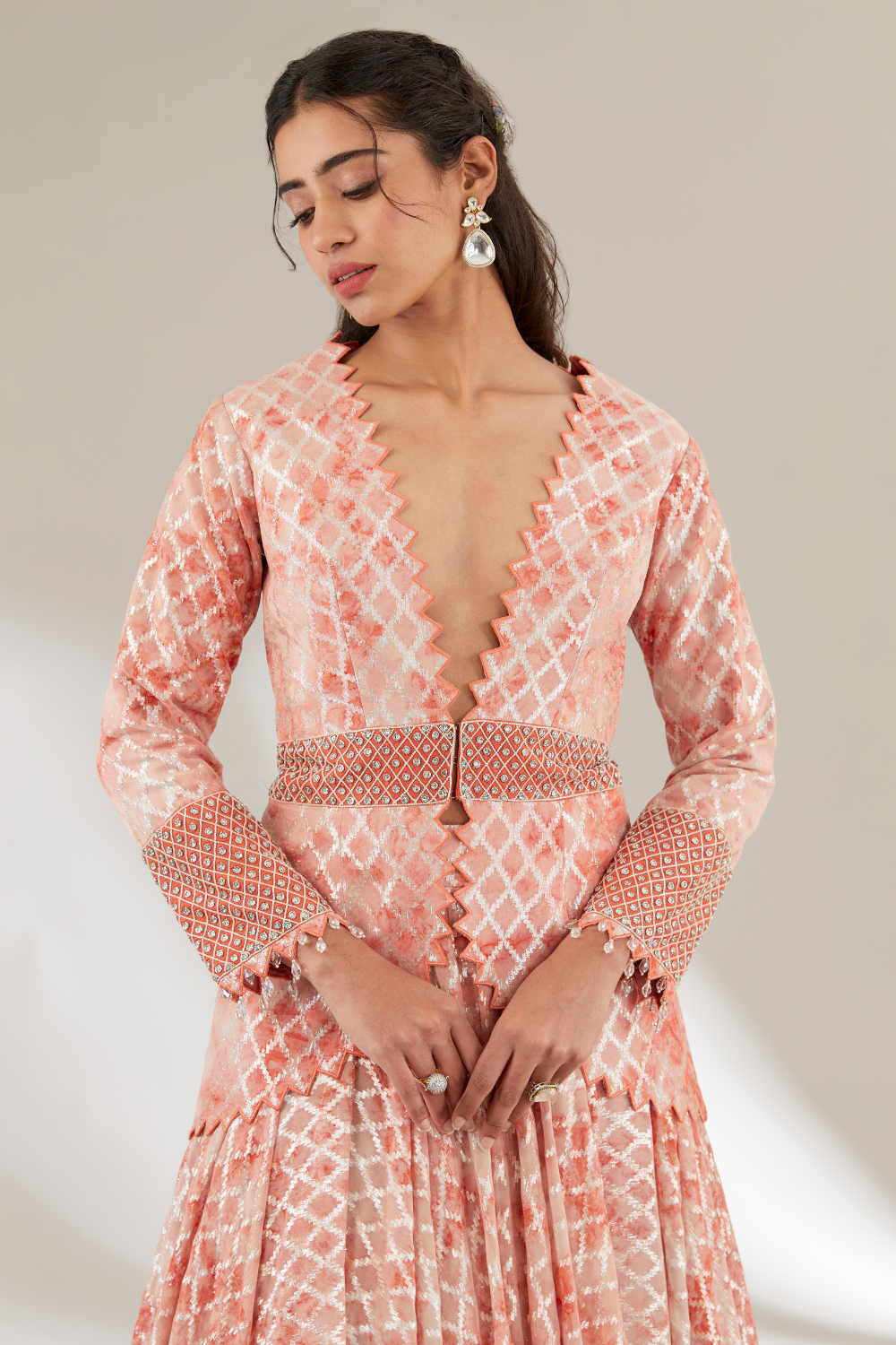 Rust Orange Embroidered Amara Jacket Set with Flared Skirt