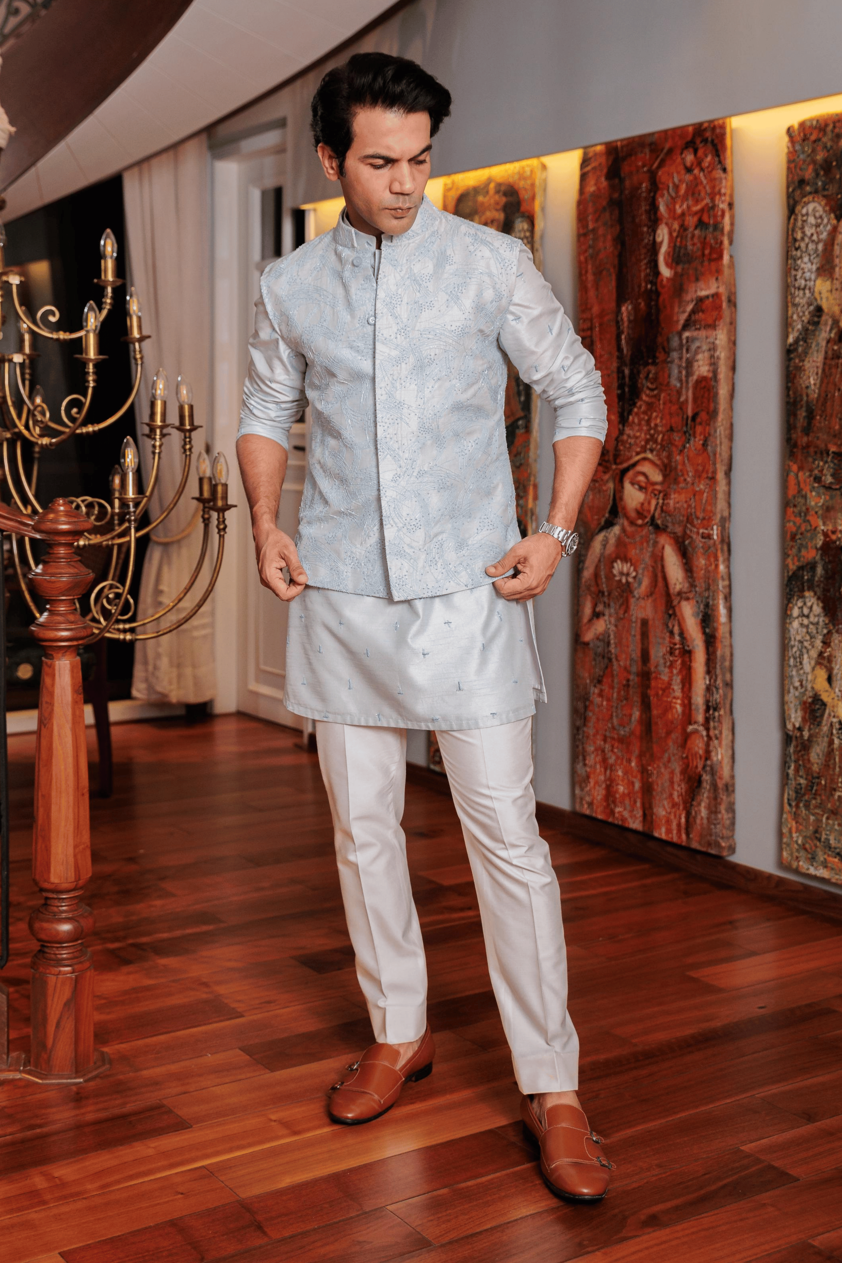 Light Blue Silk Hand Embroidered Kurta-Bandi Set