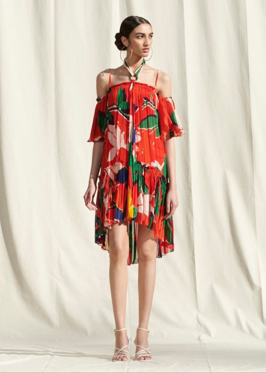 Red Printed Halter Dress