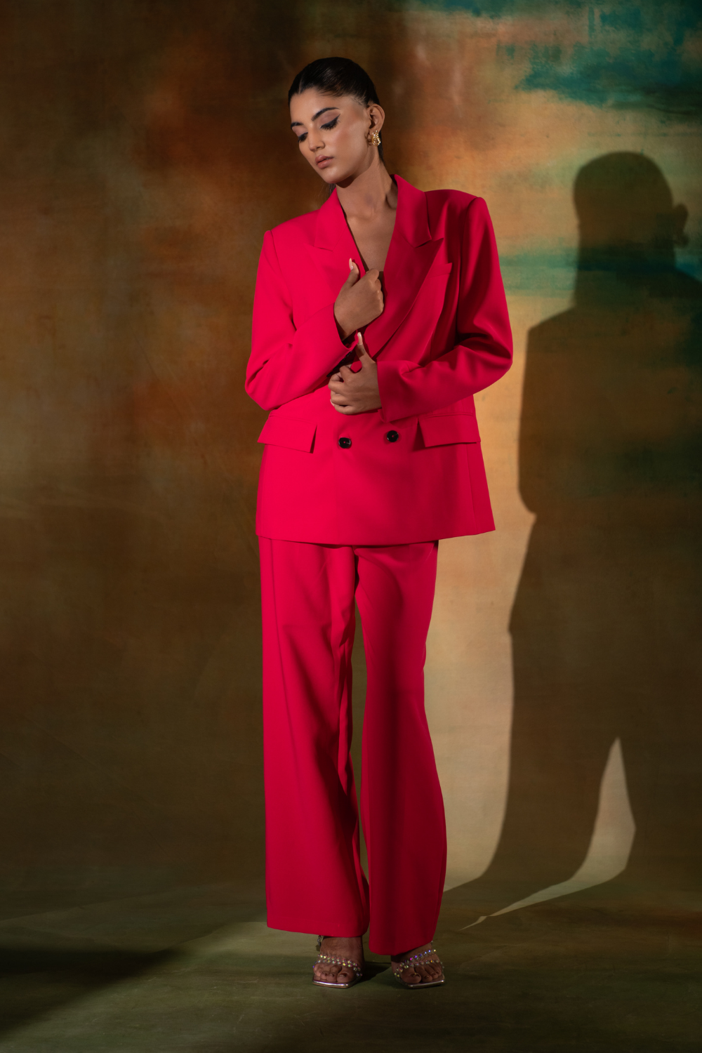 Double Breasted Silk Crepe Neon Pink Co-ord Set with Power Shoulders