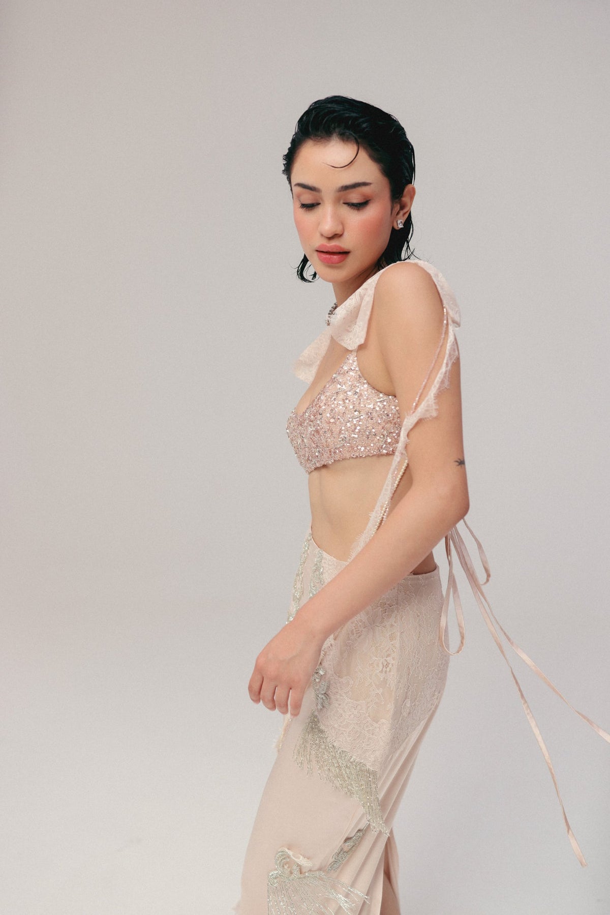 Sequin & Bugle Bead Embroidery, Silk Satin & French Lace, Skirt Set, Blouse Silhouette