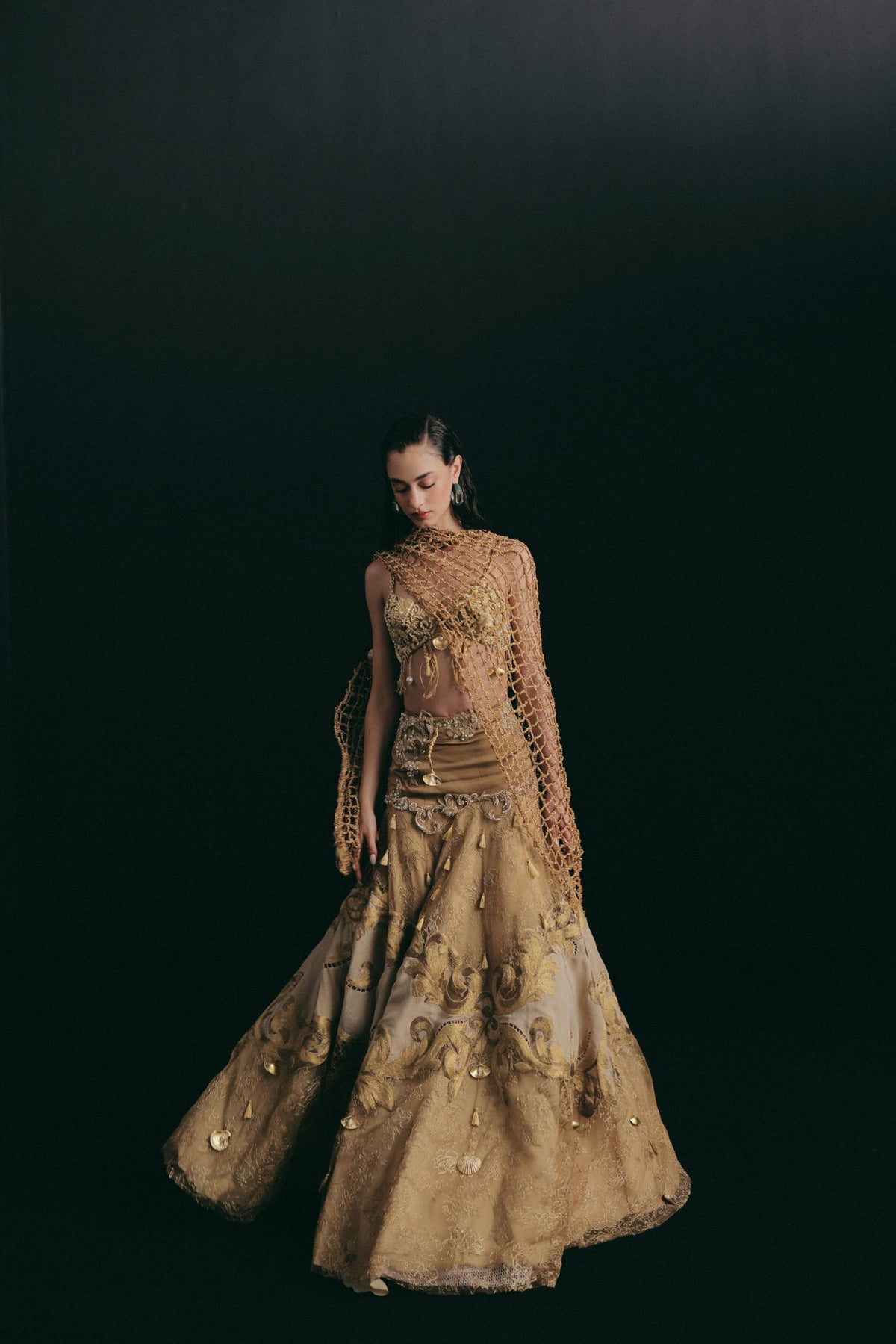 Zardosi & Cutwork Embroidery, Silk & Tulle with Crochet Detailing, Skirt Set, Bralette Silhouette