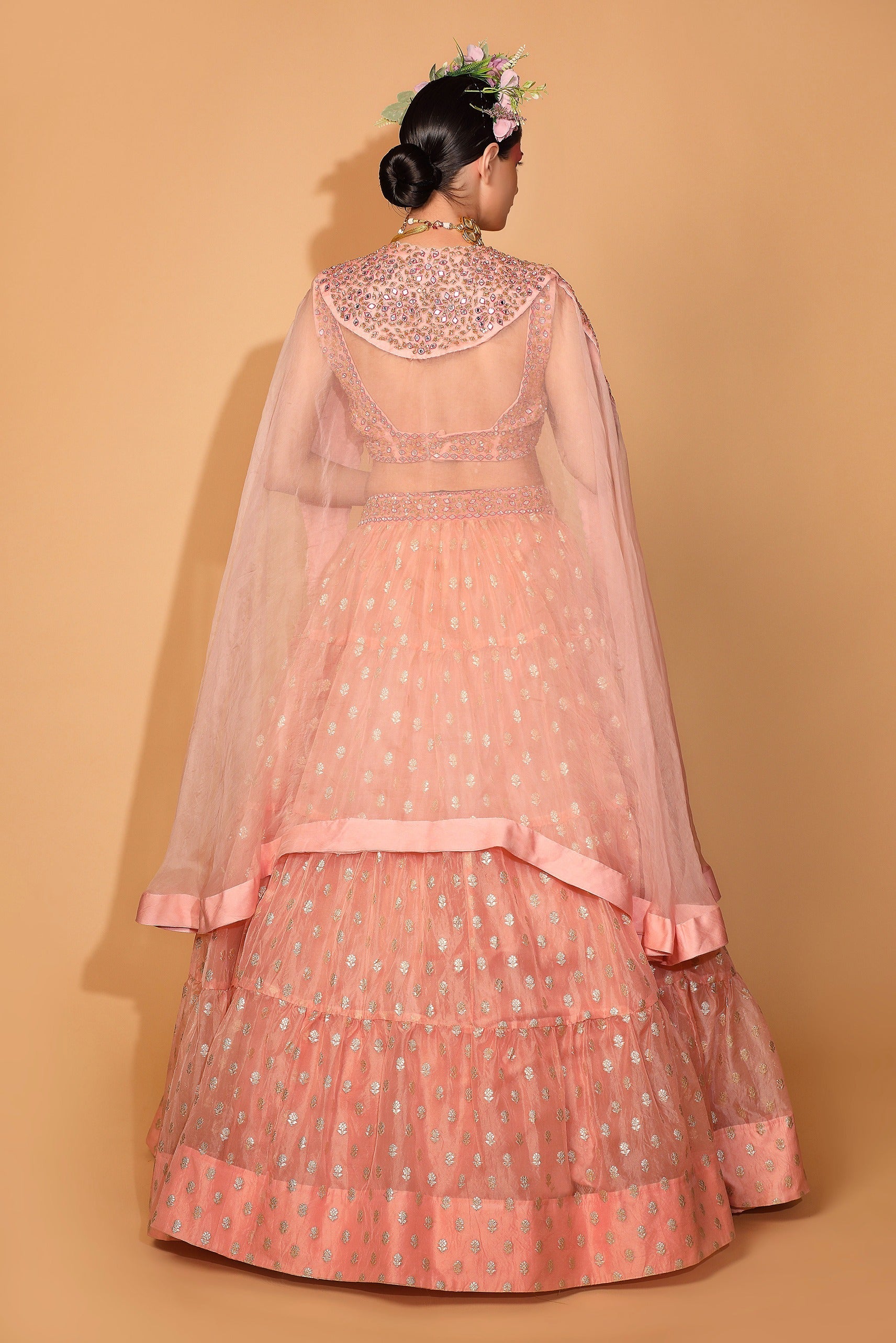 Peach Banarasi Organza Tiered Lehenga Set With Embroidered Cape