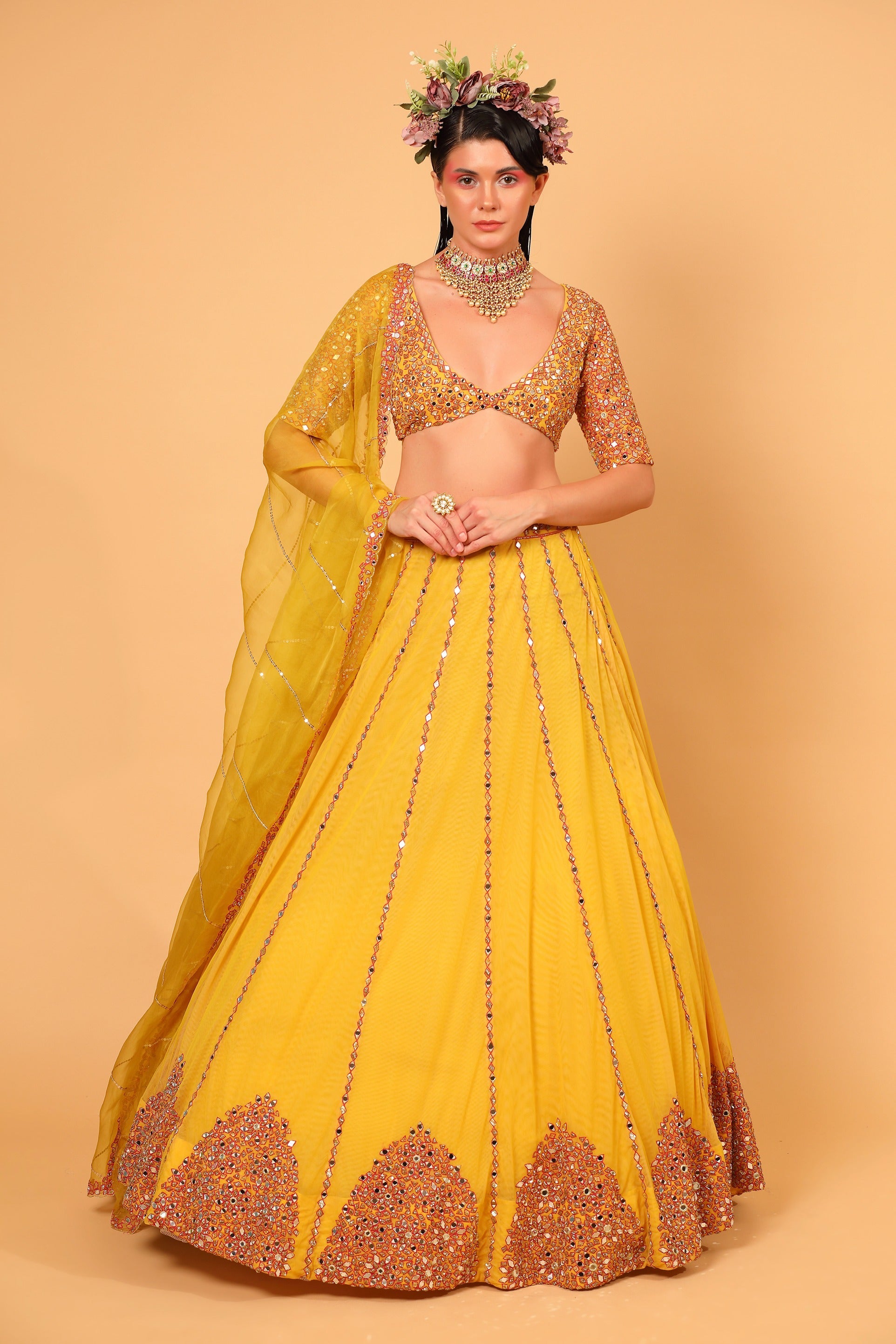 Yellow Tulle Mirror Embroidered Lehenga Set