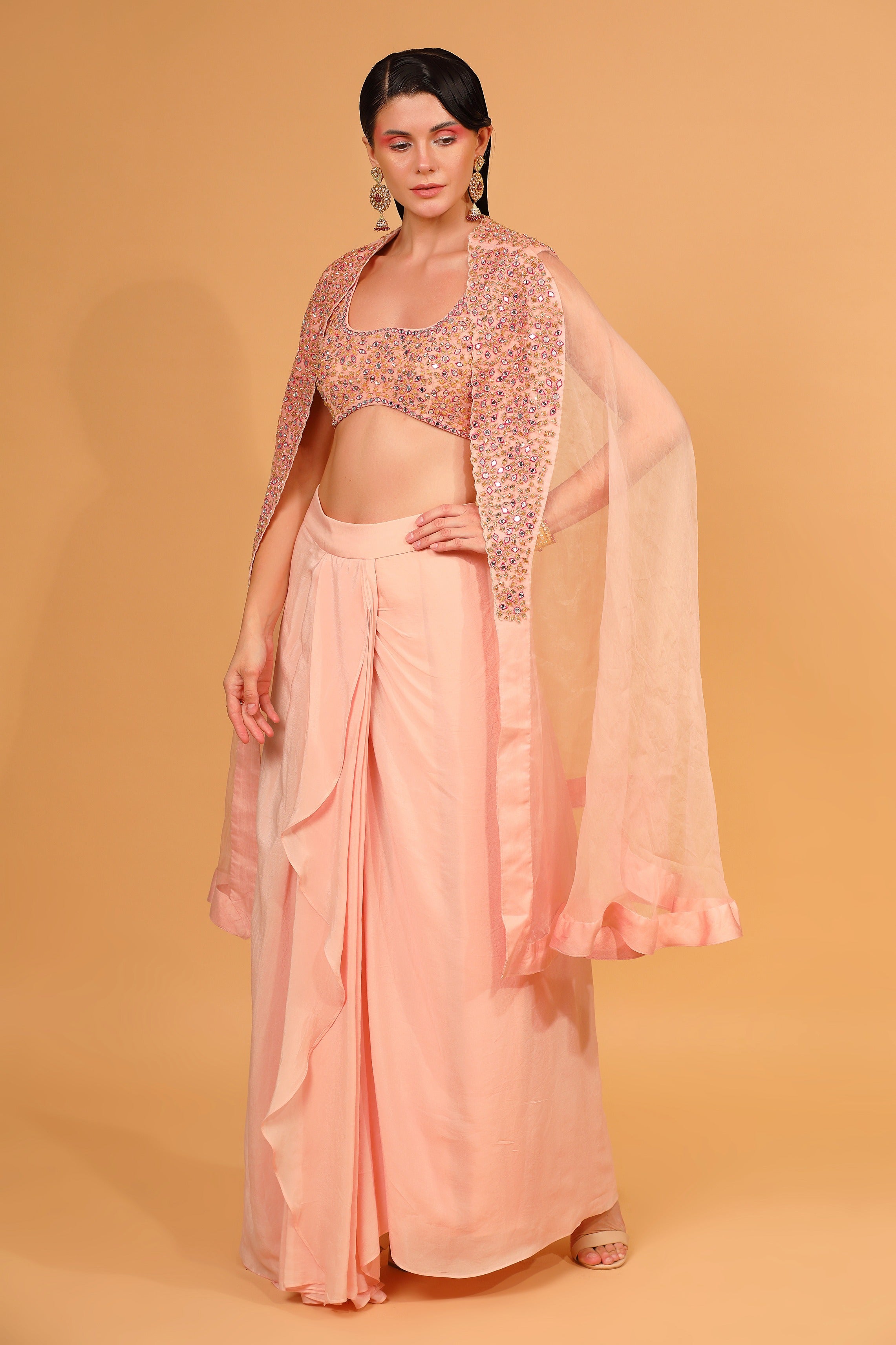 Peach Organza Embroidered Cape With Dhoti Pant Set