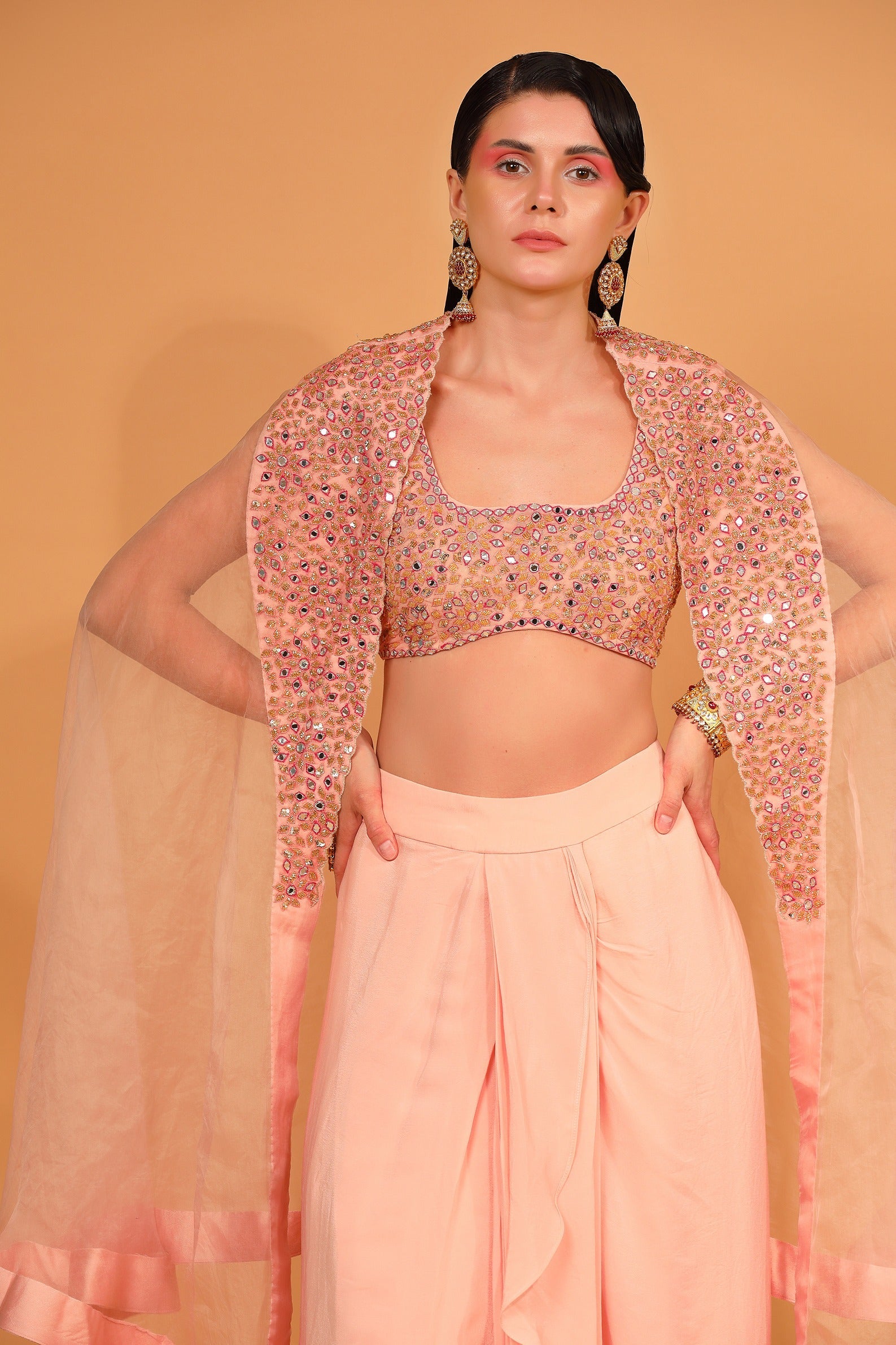 Peach Organza Embroidered Cape With Dhoti Pant Set