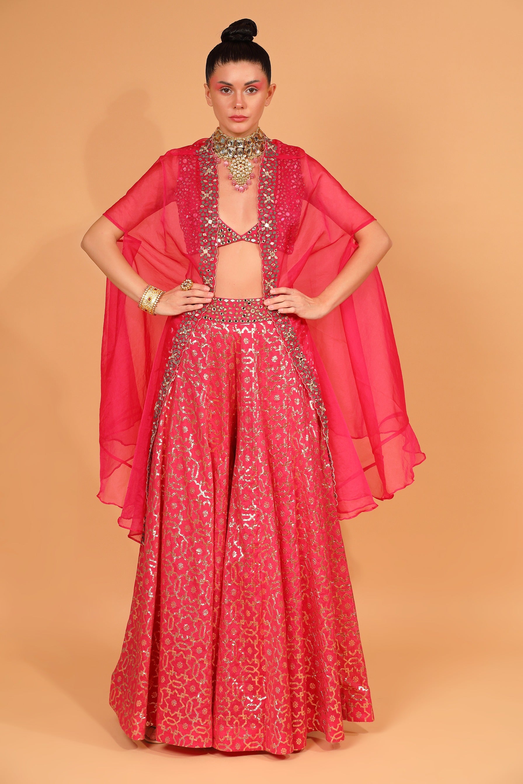 Fuchsia Banarasi Chanderi Sharara Set With Cape