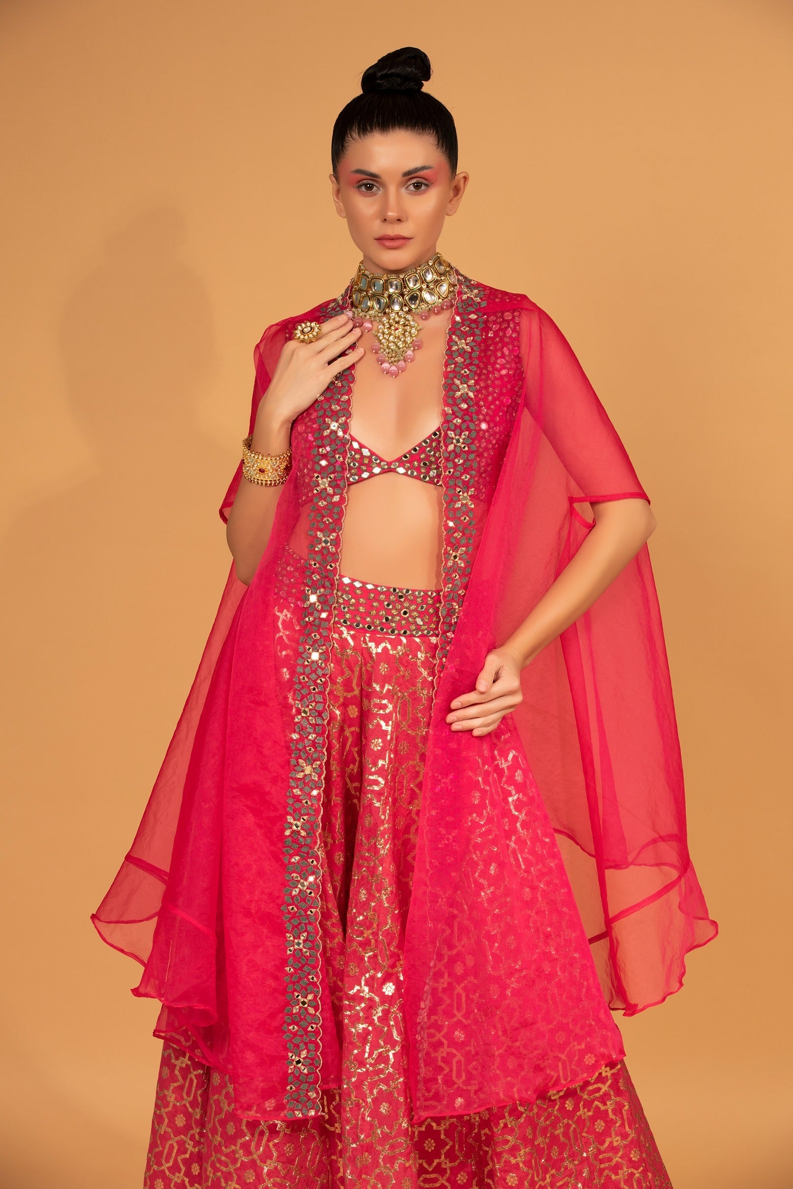 Fuchsia Banarasi Chanderi Sharara Set With Cape