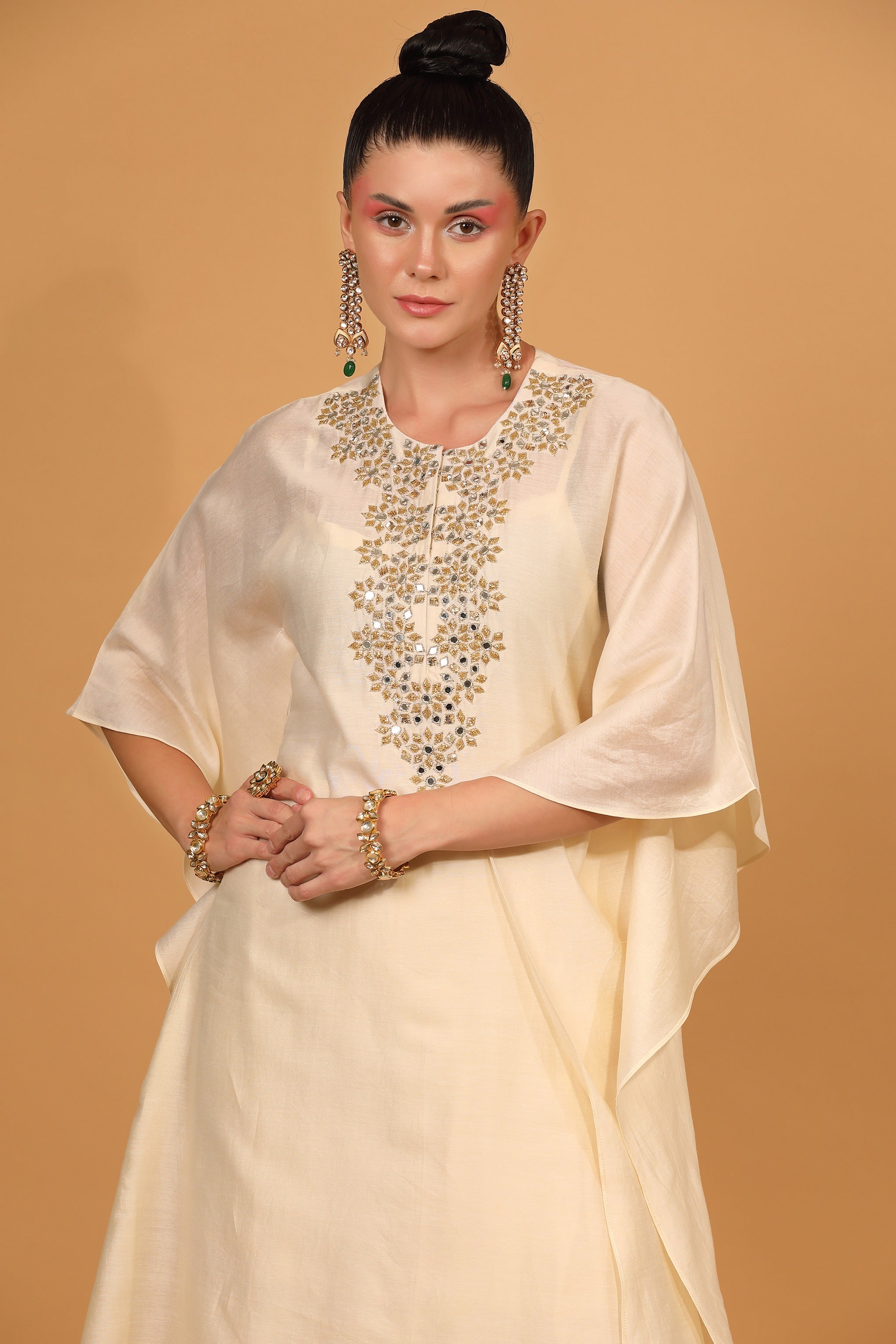 White Chanderi Silk Kaftan Kurta And Palazzo Set