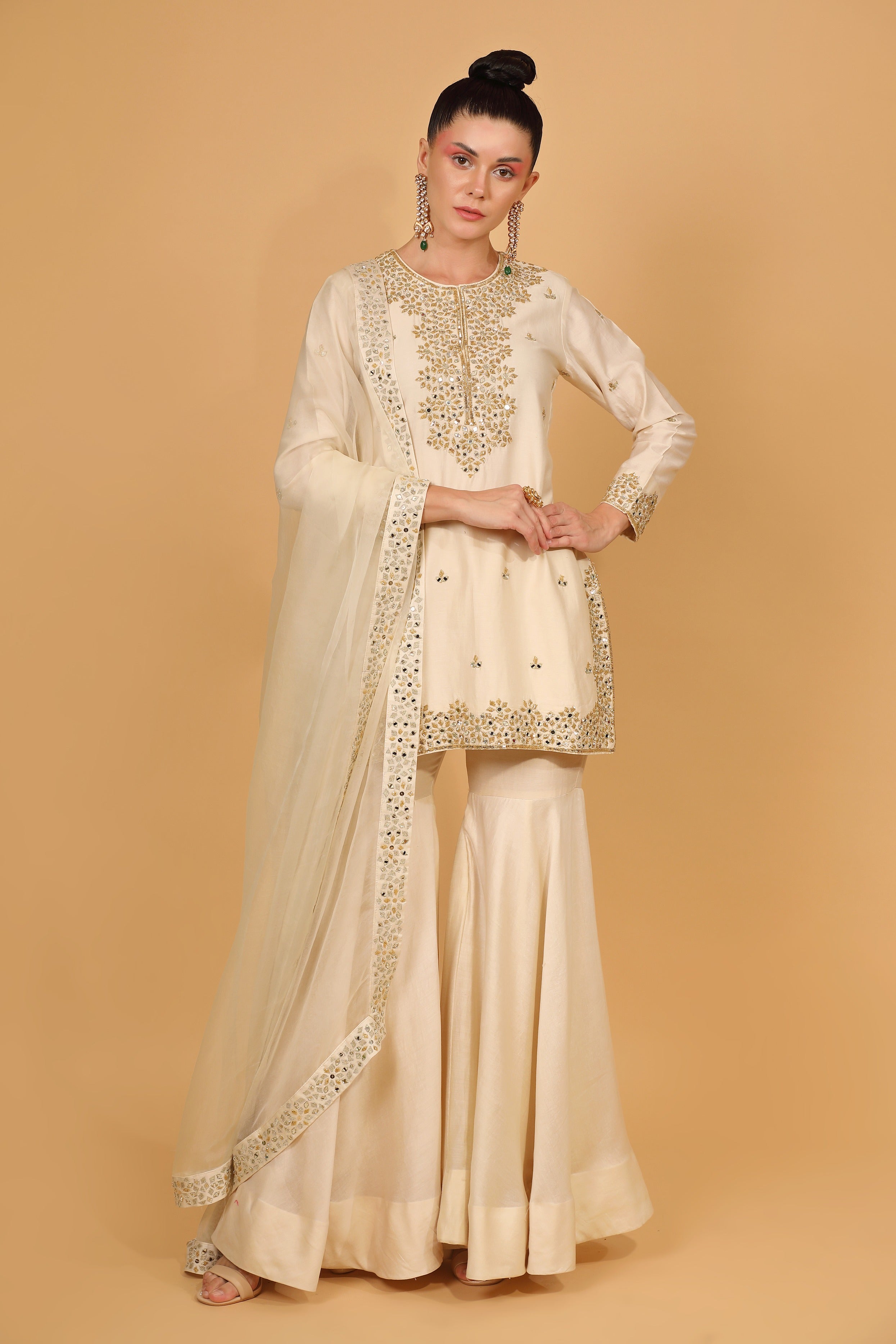 White Chanderi Silk Kurta Gharara Set