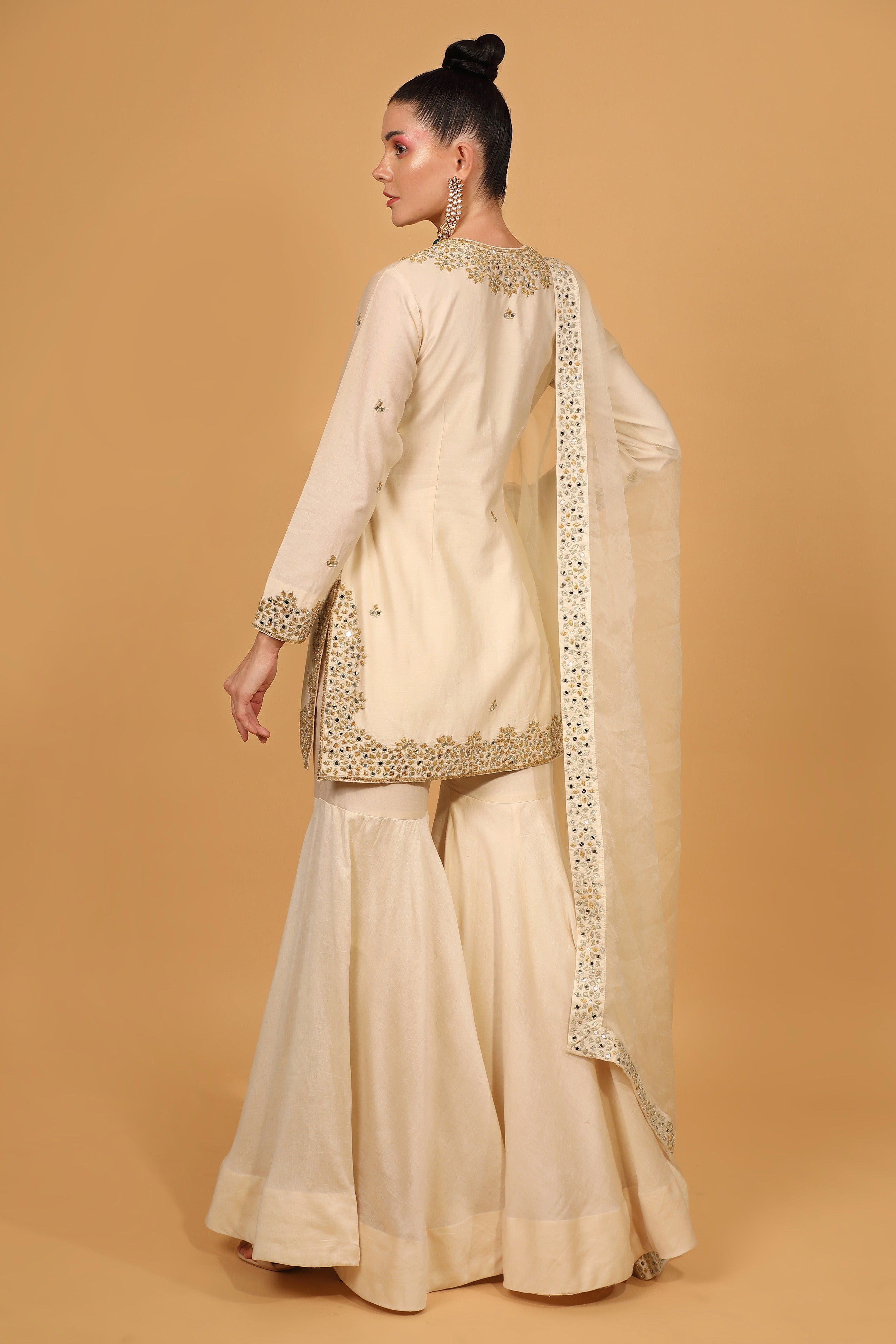 White Chanderi Silk Kurta Gharara Set