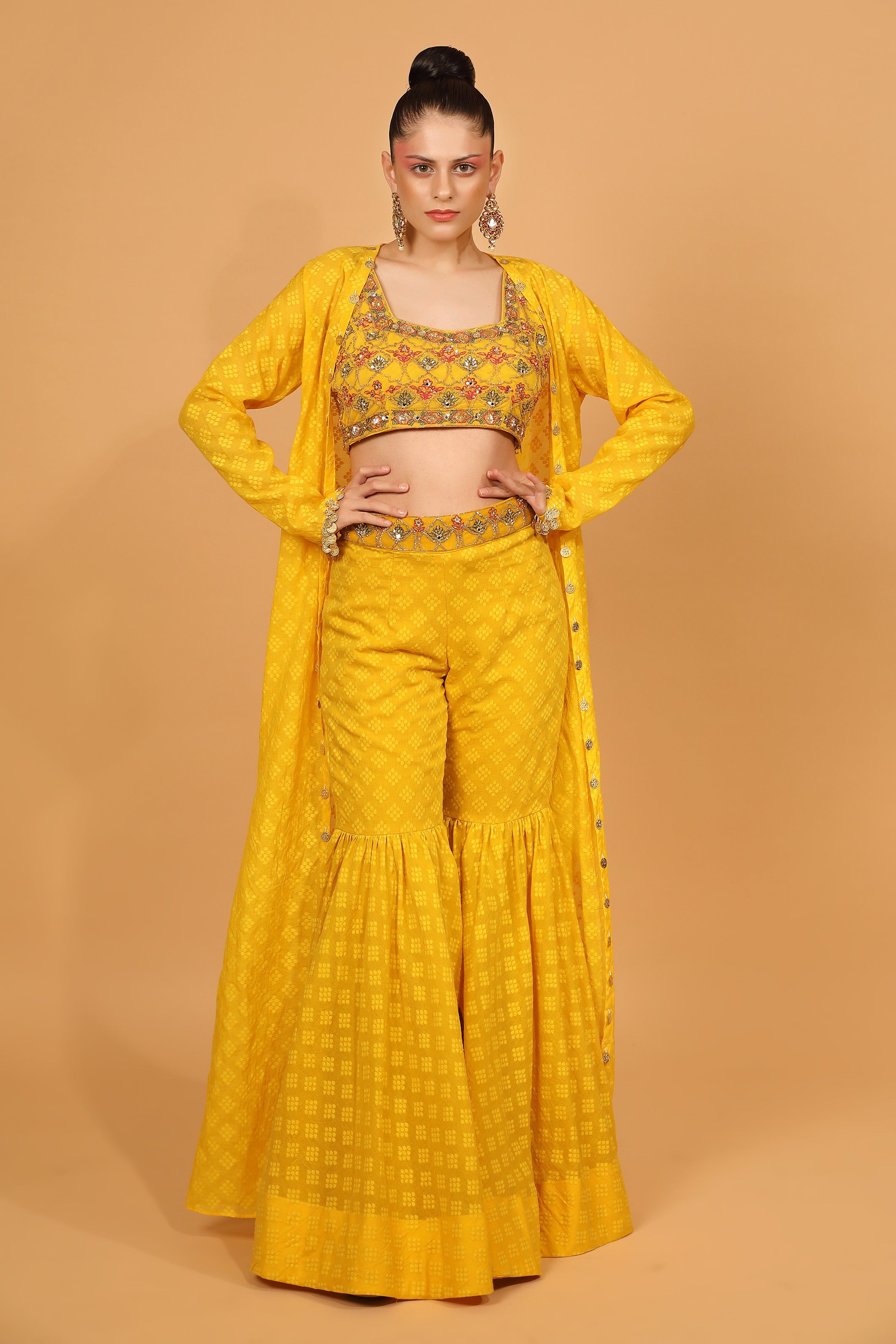 Yellow Banarasi Chanderi Gharara Set With Cape