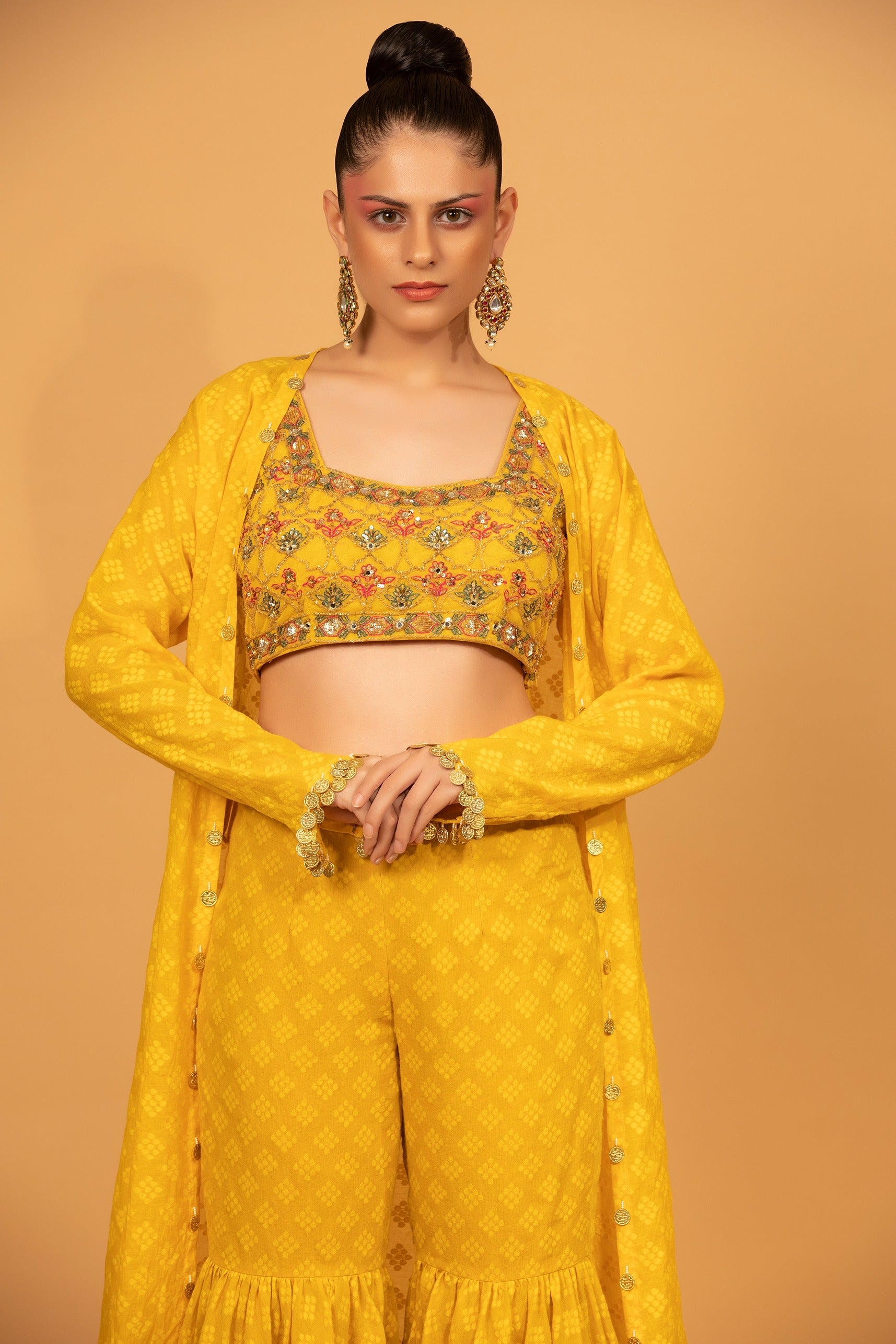 Yellow Banarasi Chanderi Gharara Set With Cape