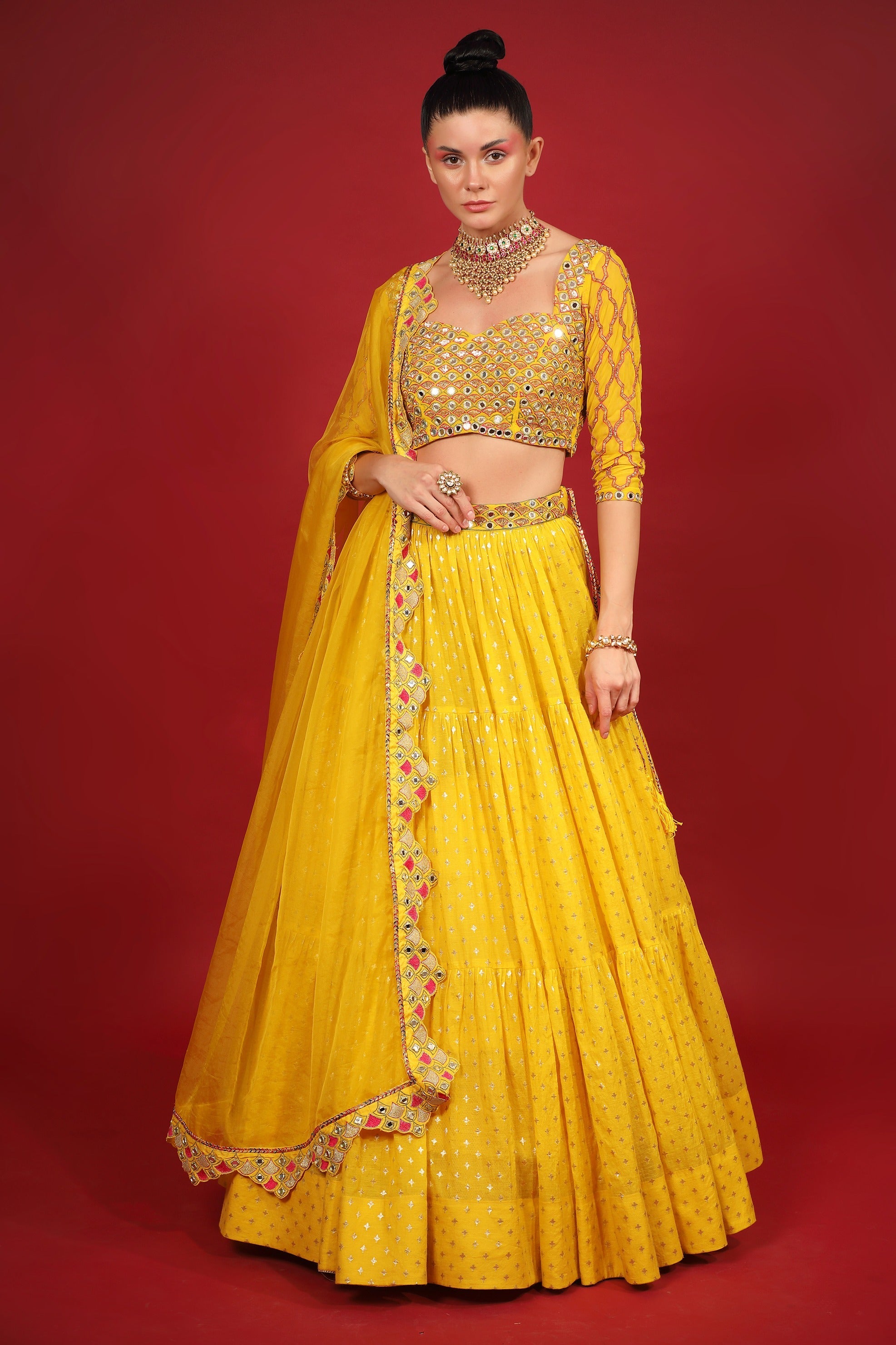 Yellow Banarasi Chanderi Tiered Lehenga Set