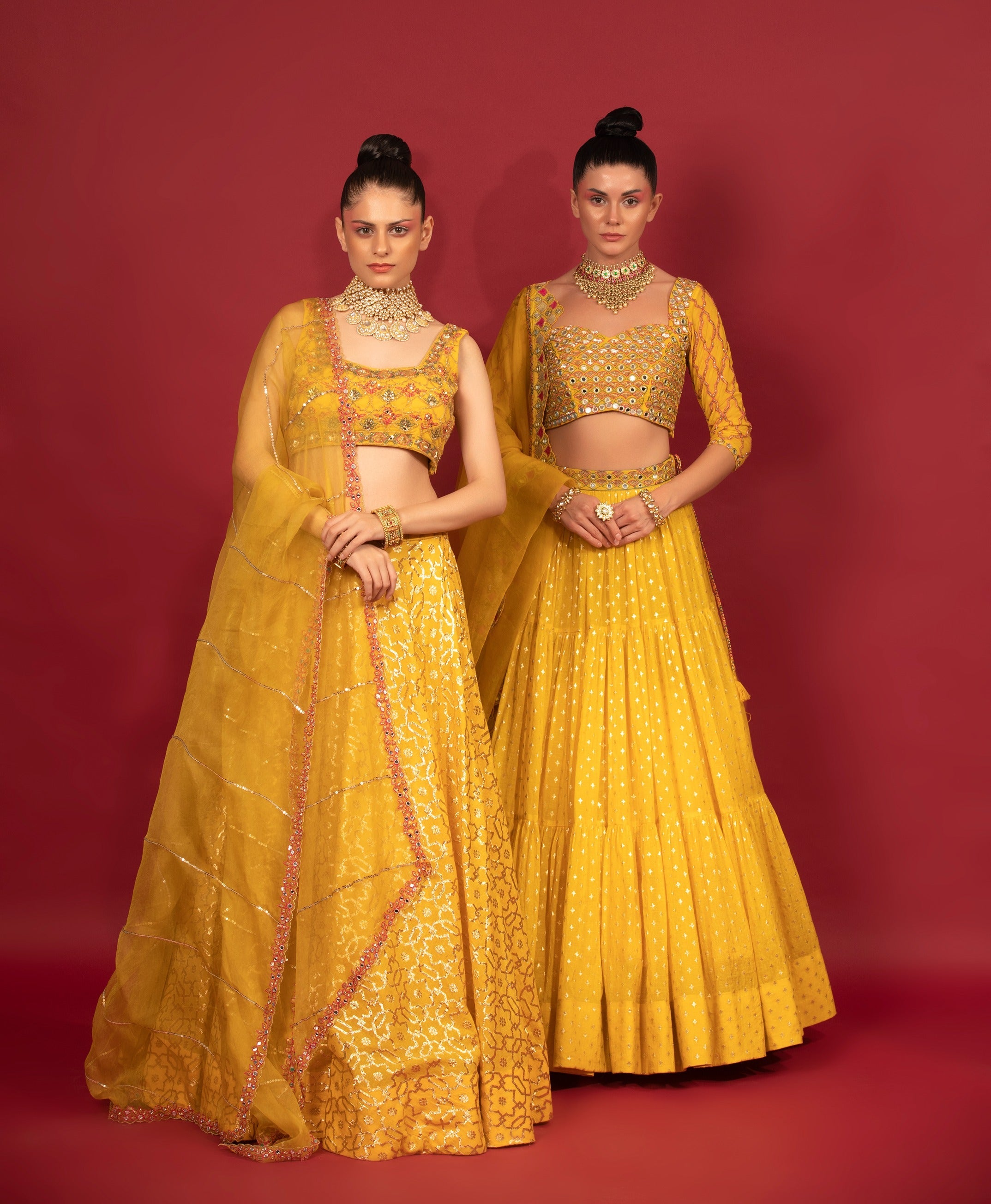 Yellow Banarasi Chanderi Tiered Lehenga Set