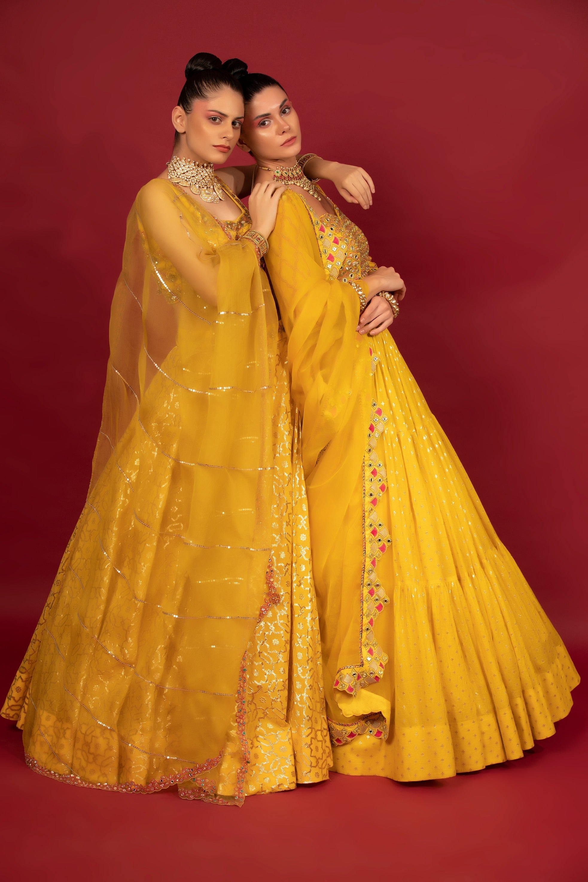 Yellow Banarasi Chanderi Tiered Lehenga Set