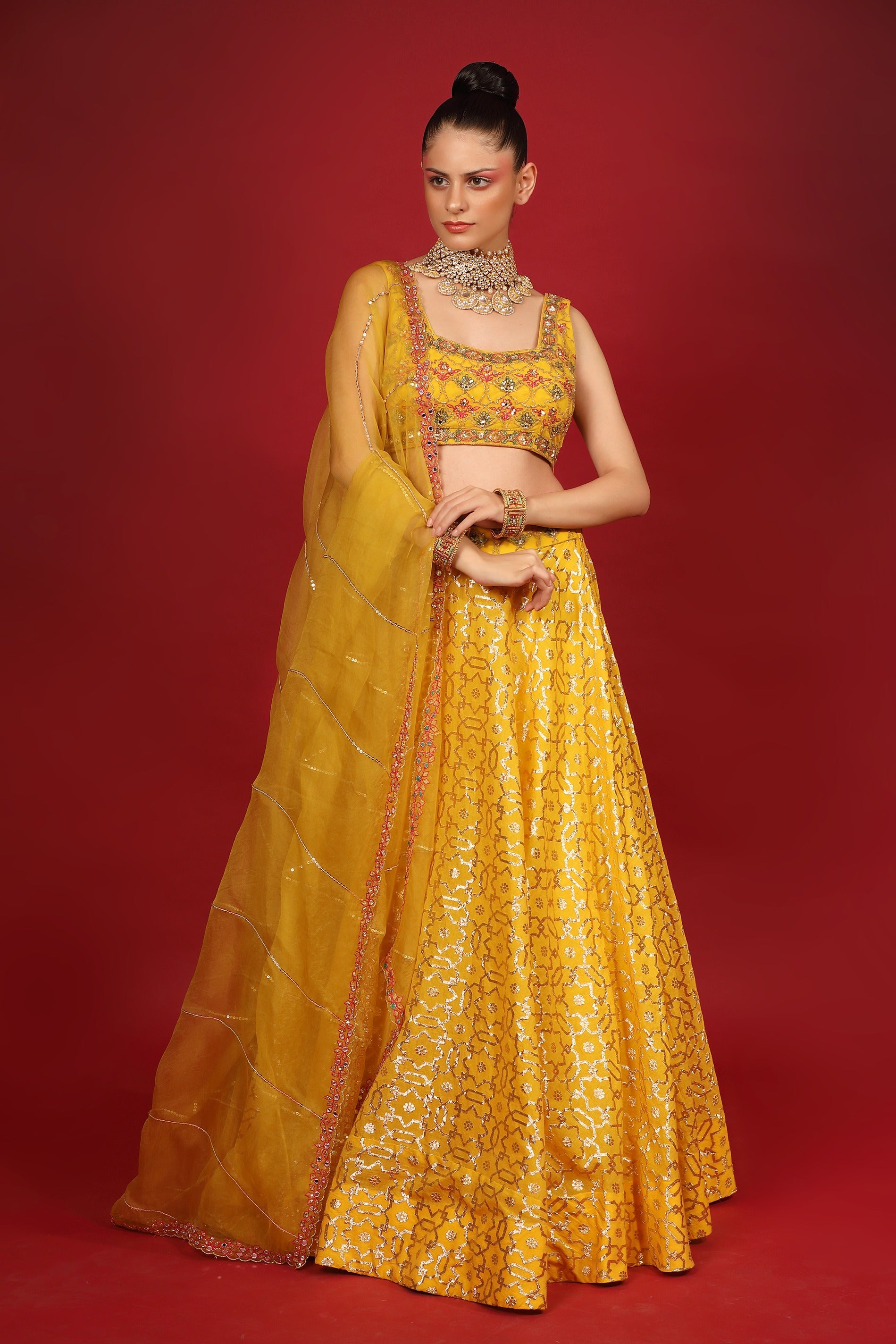 Yellow Banarasi Chanderi Lehenga Set