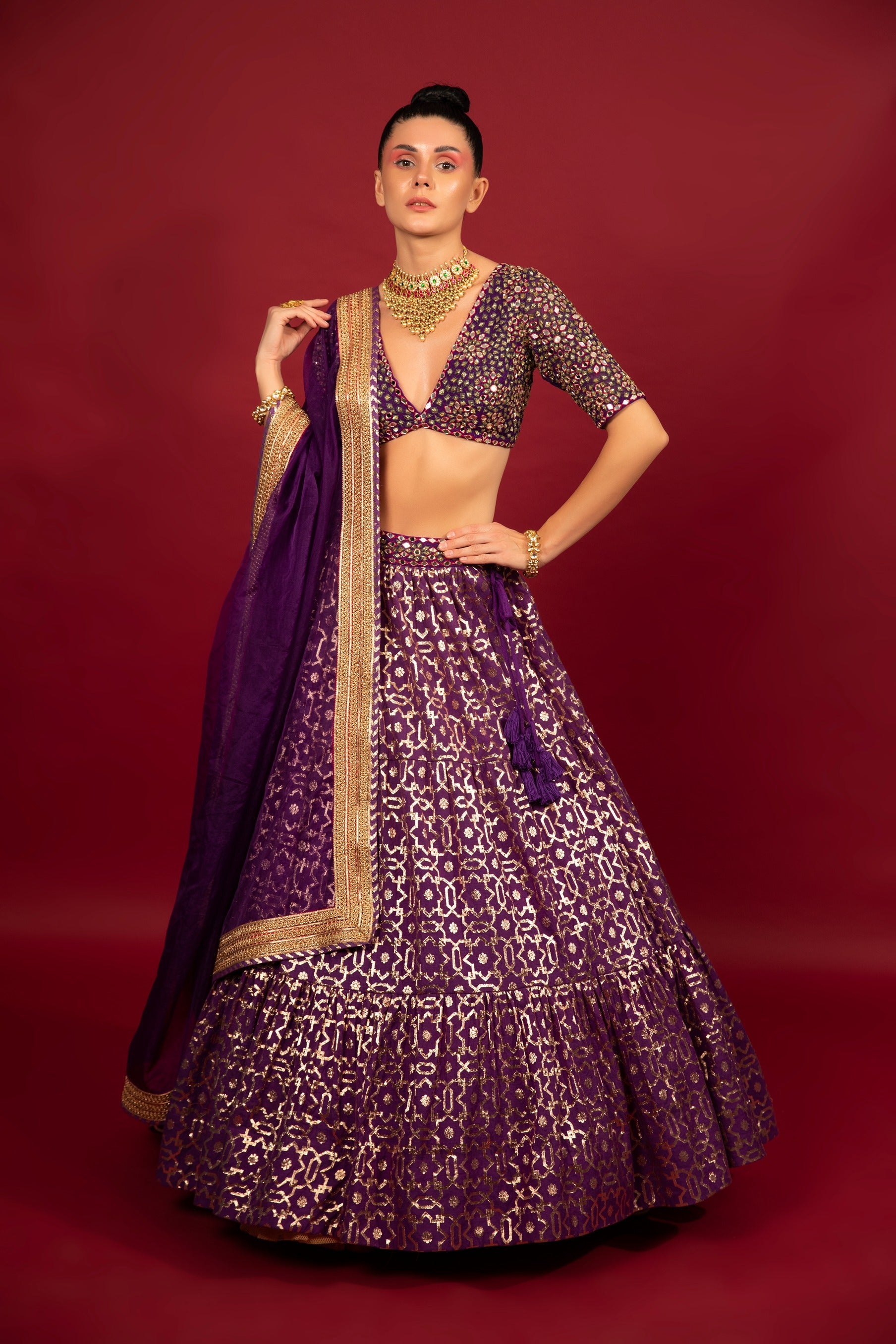 Purple Banarasi Chanderi Tiered Lehenga Set