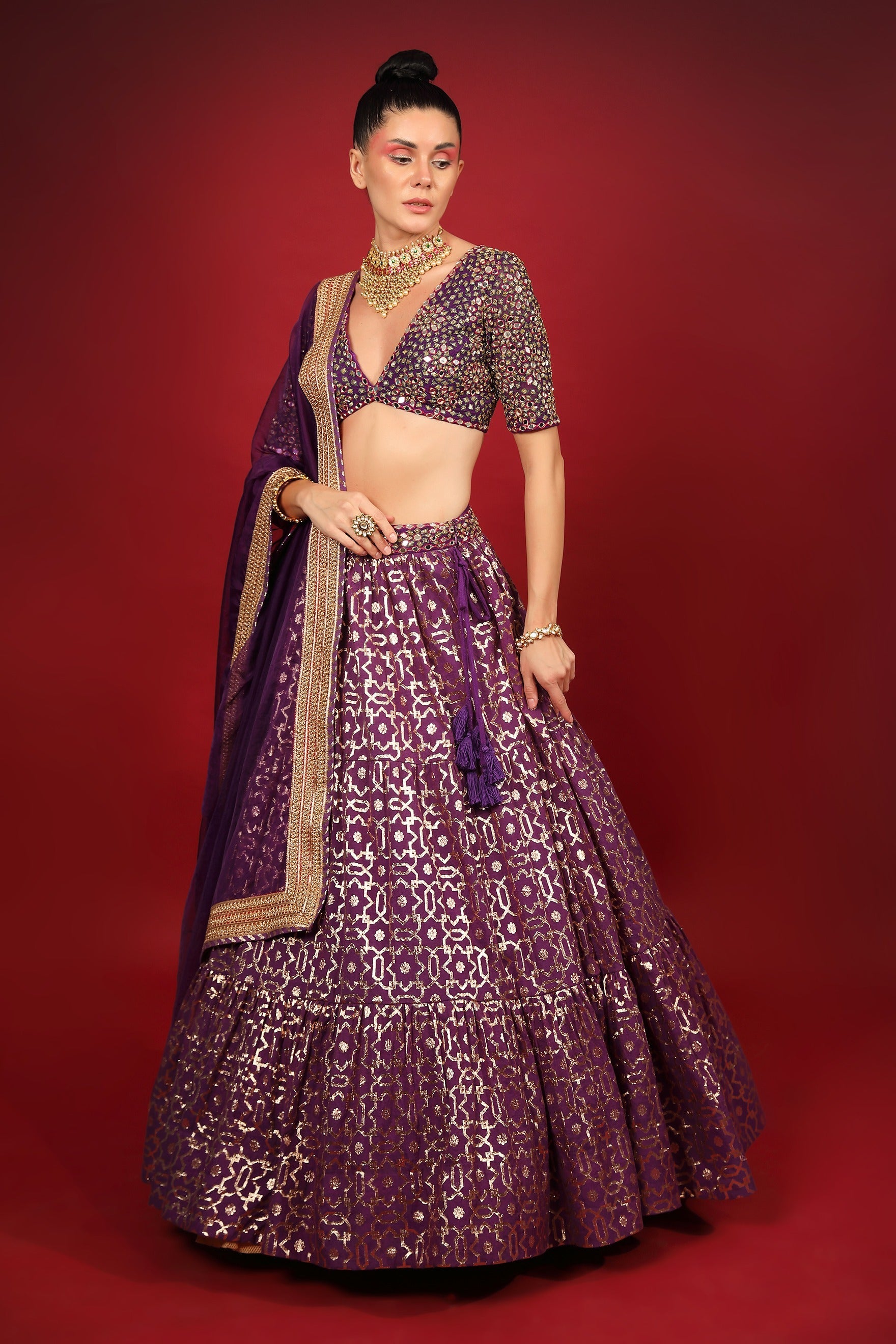 Purple Banarasi Chanderi Tiered Lehenga Set