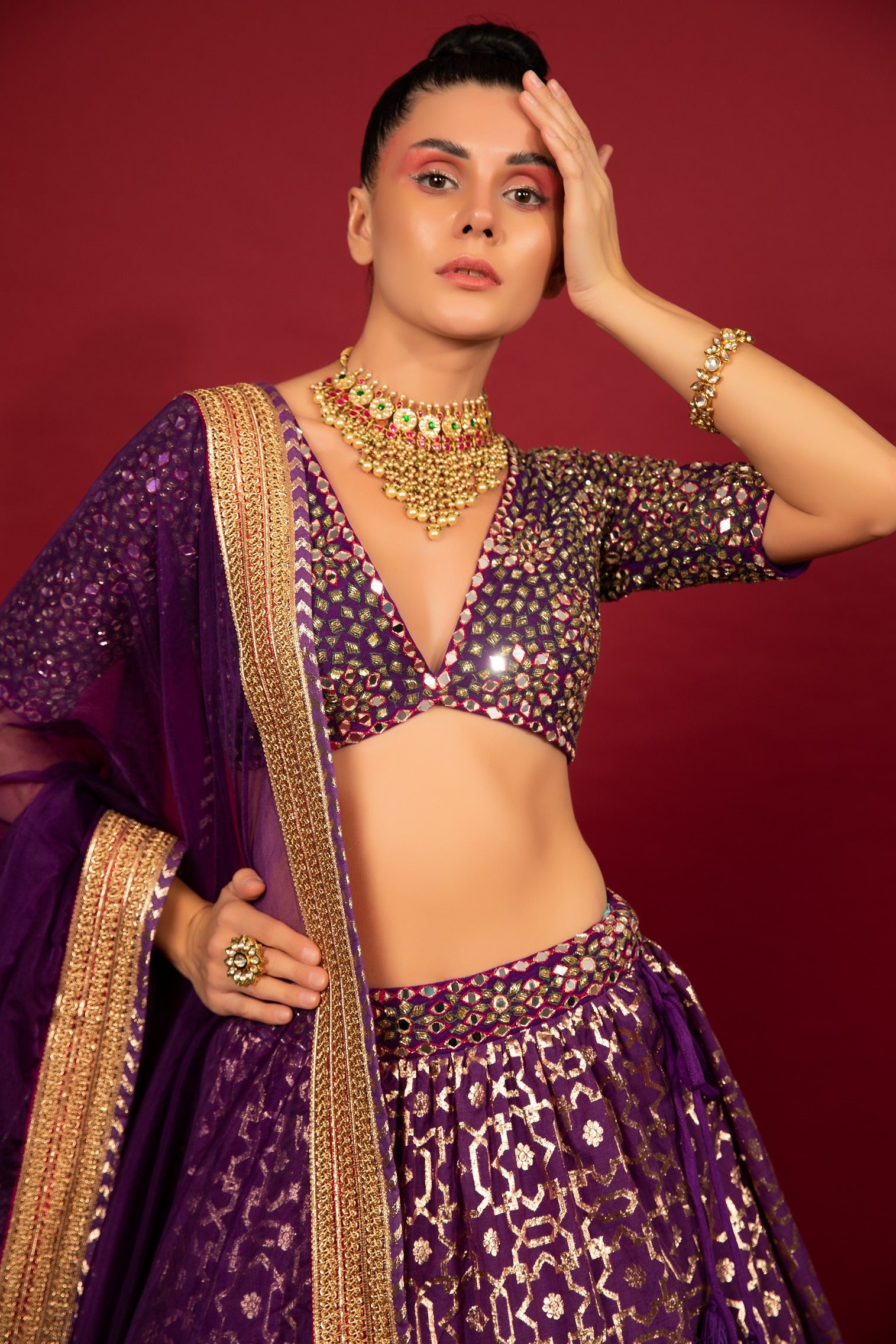 Purple Banarasi Chanderi Tiered Lehenga Set