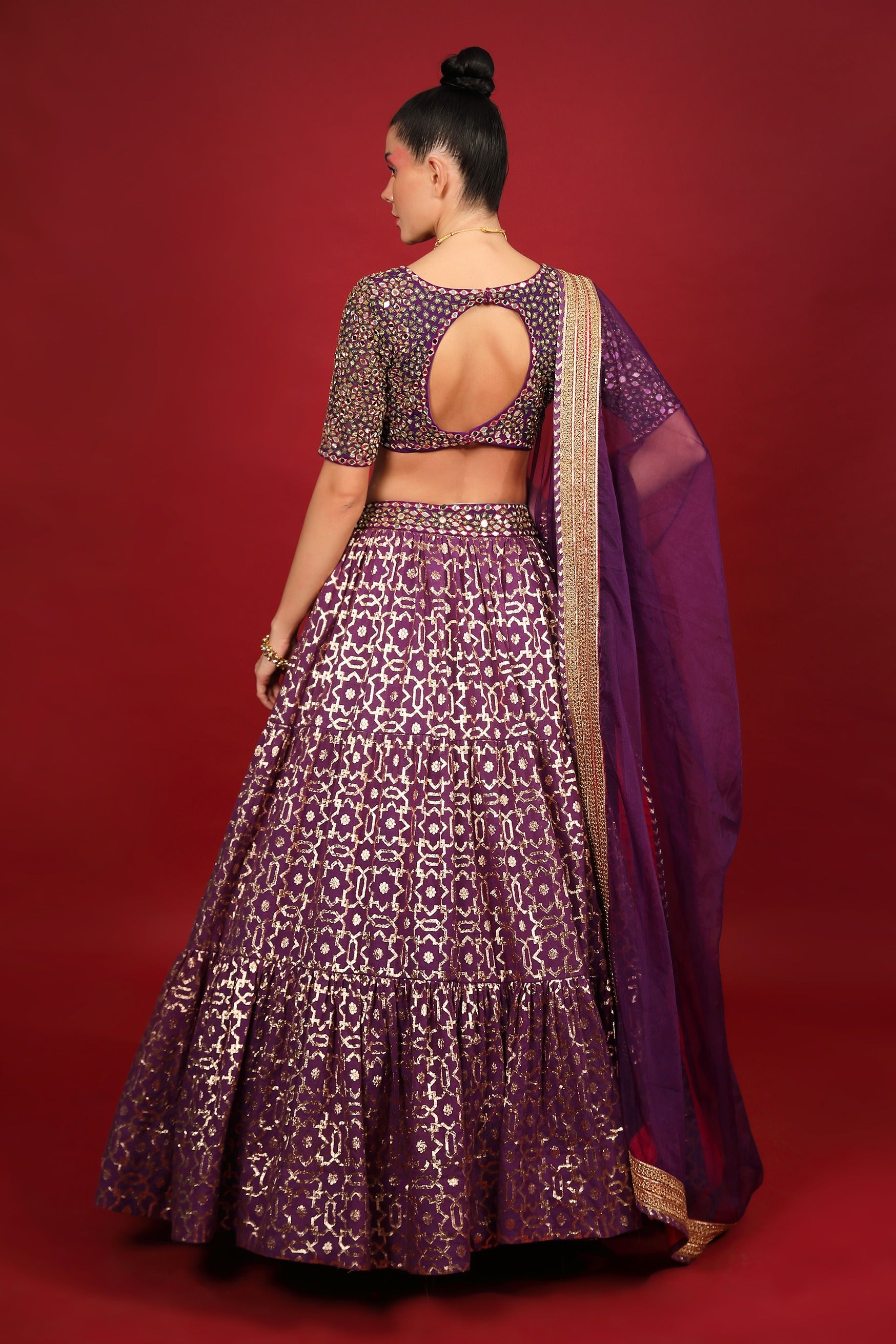 Purple Banarasi Chanderi Tiered Lehenga Set