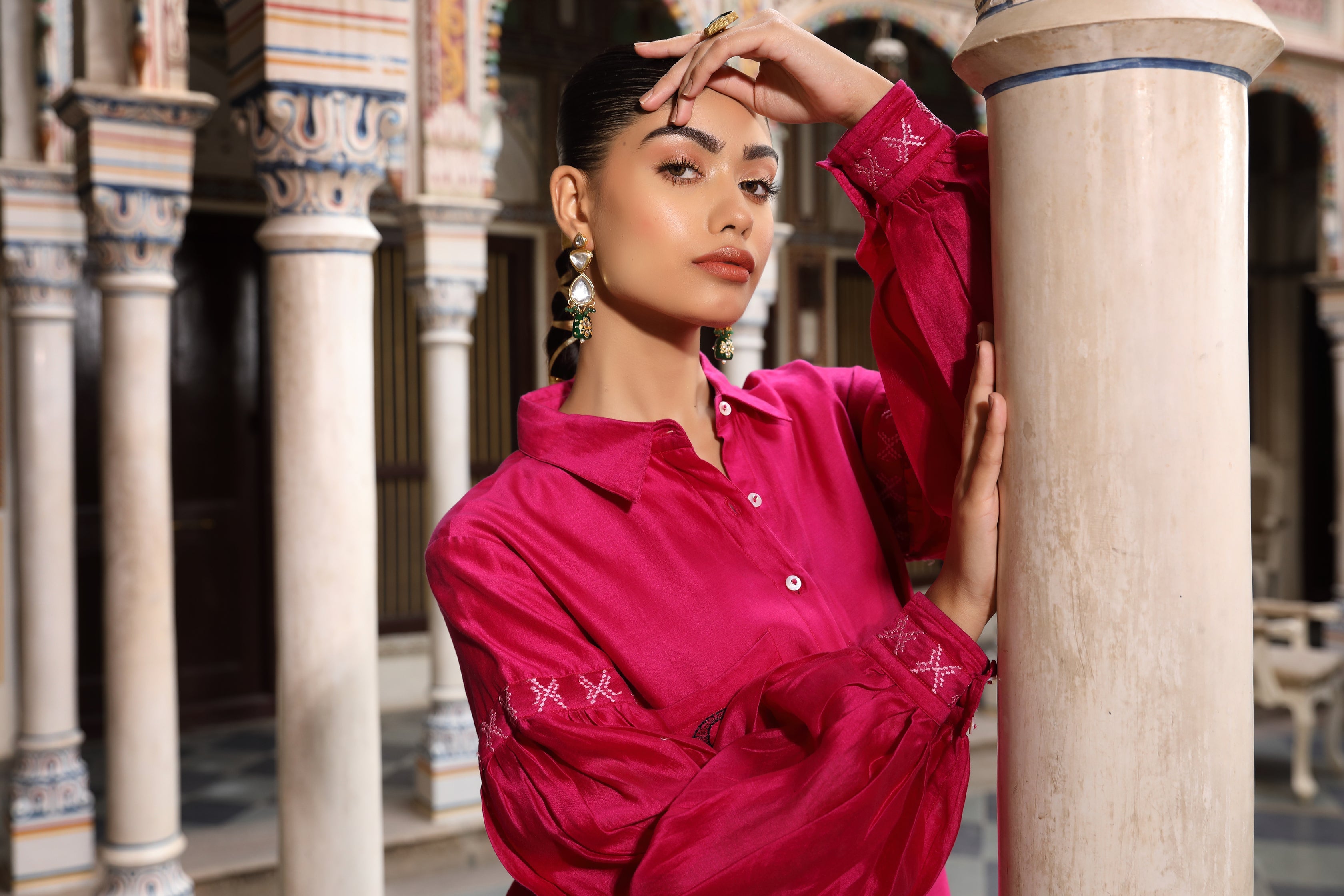 Hot Pink Chanderi Silk Co-Ord Set with Faces Embroidery and Letter Initial Detailing