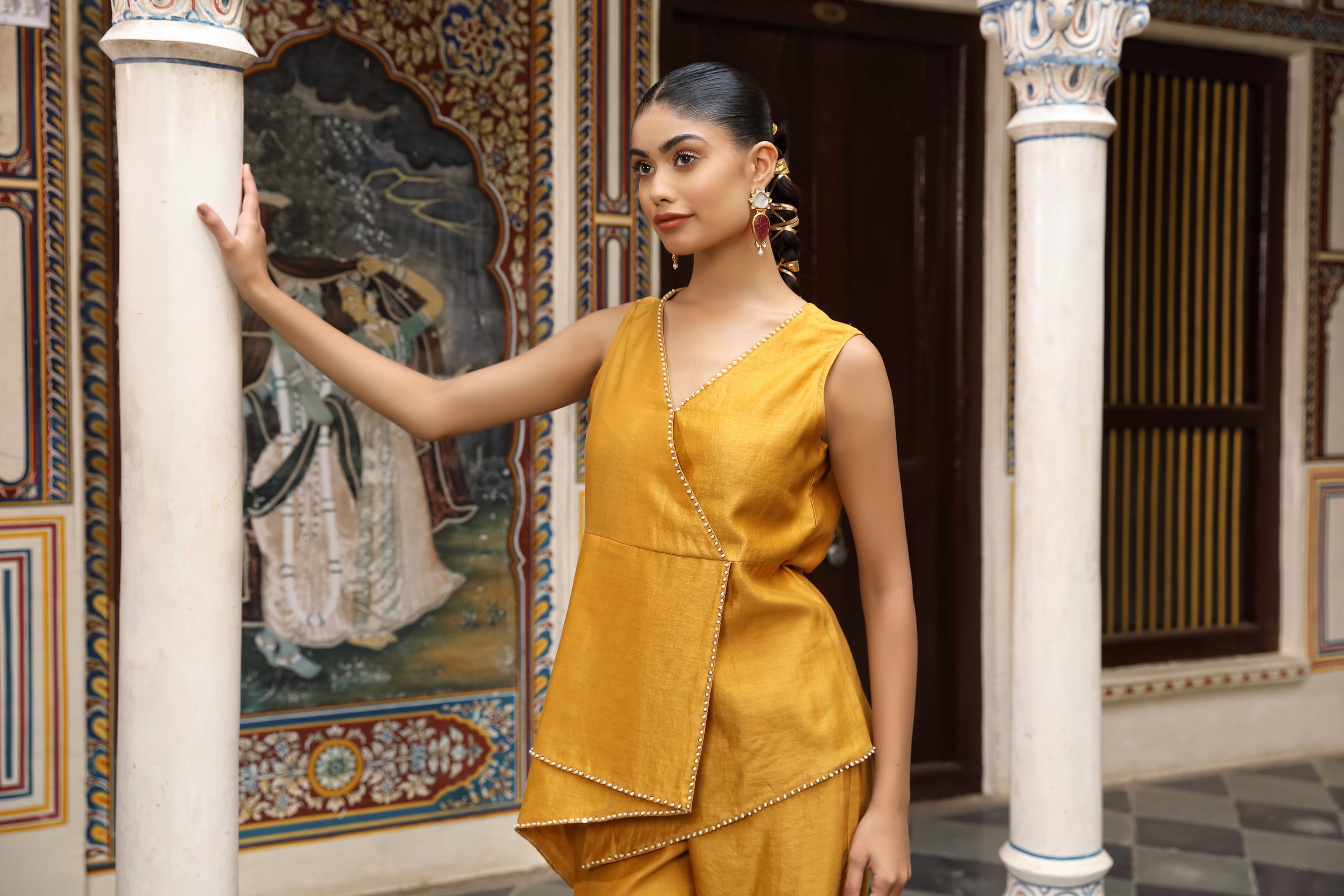 Mustard Sleeveless Co-Ord Set with Thread and Sequin Embroidery