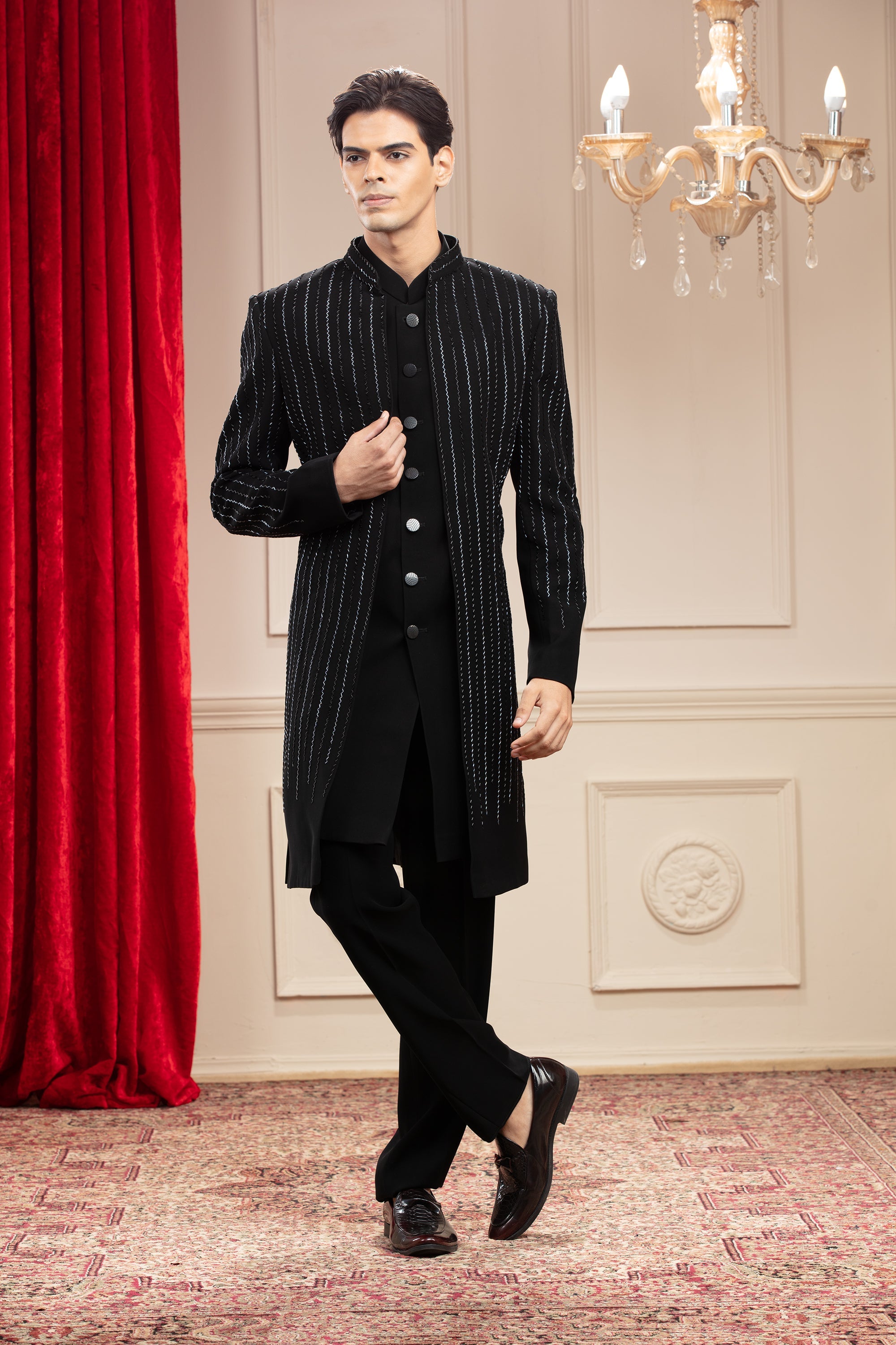 Charcoal Black Open Indo Western Set with Kardana work