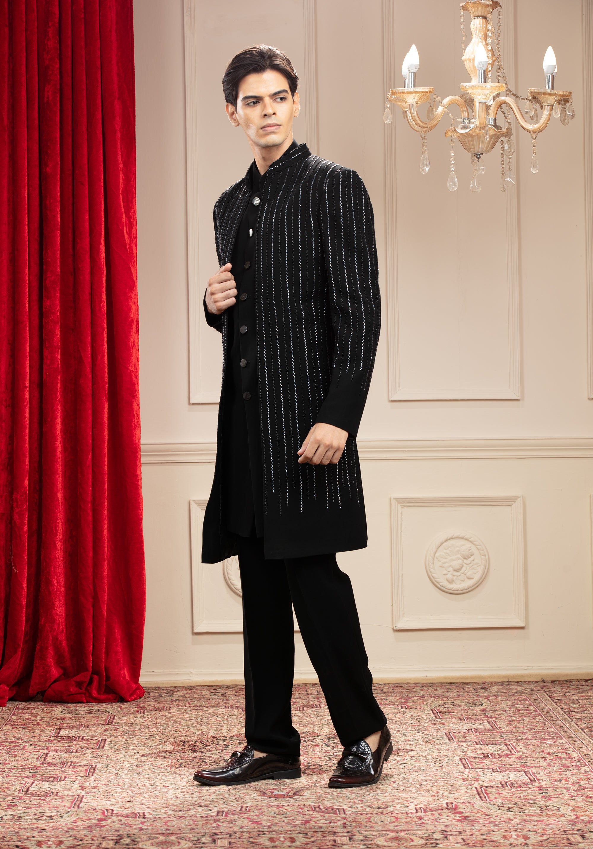 Charcoal Black Open Indo Western Set with Kardana work