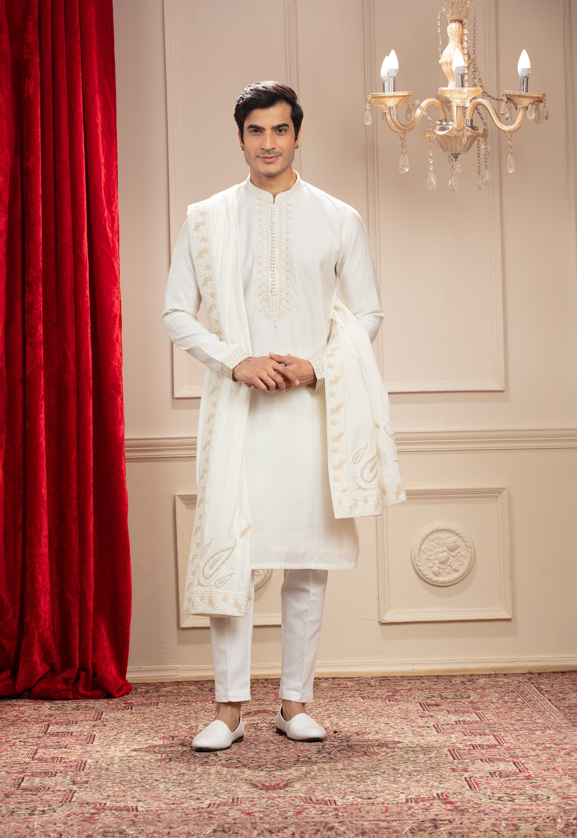 Alabaster White Banarasi Silk kurta with Resham work and matching Dupatta