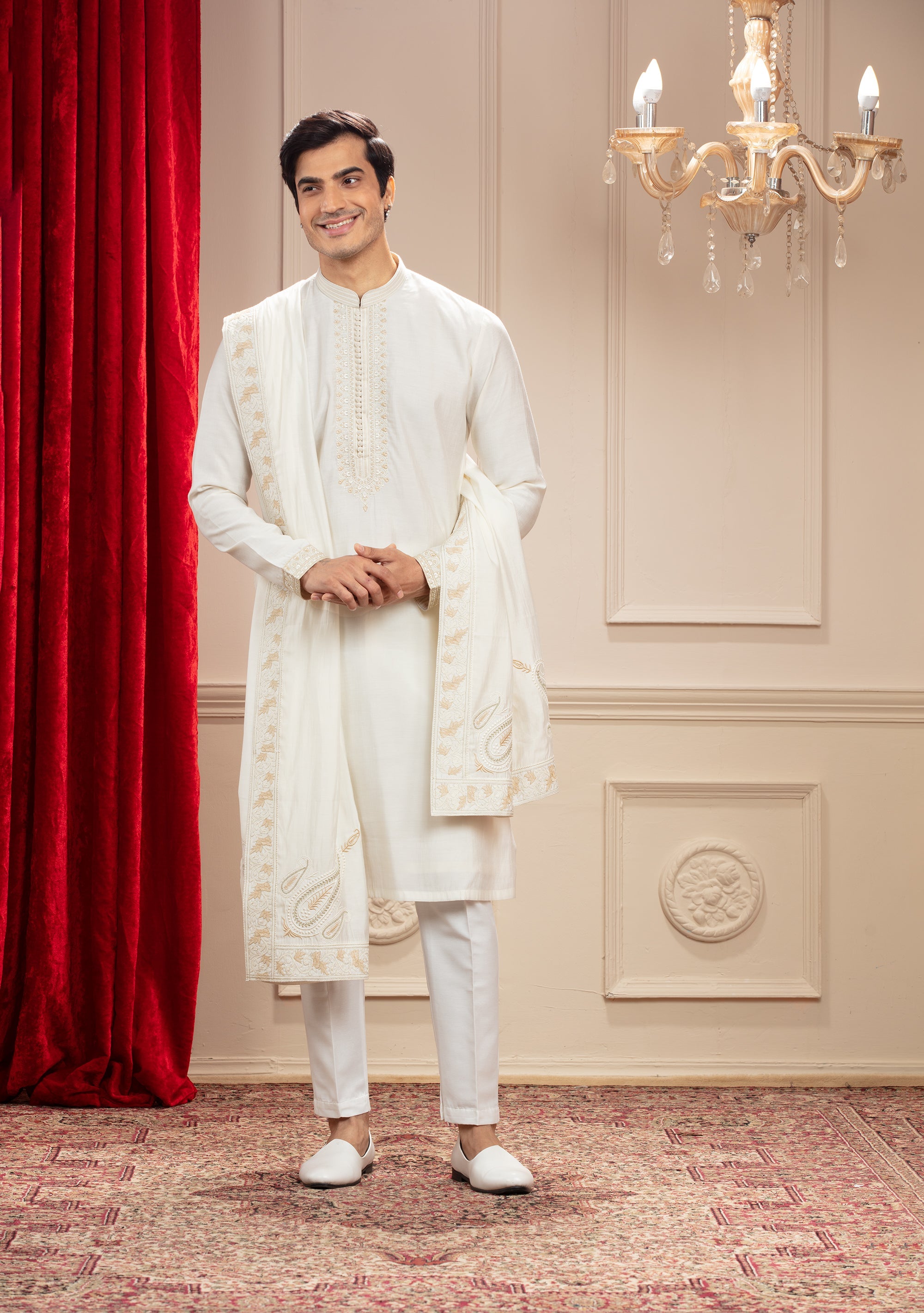 Alabaster White Banarasi Silk kurta with Resham work and matching Dupatta