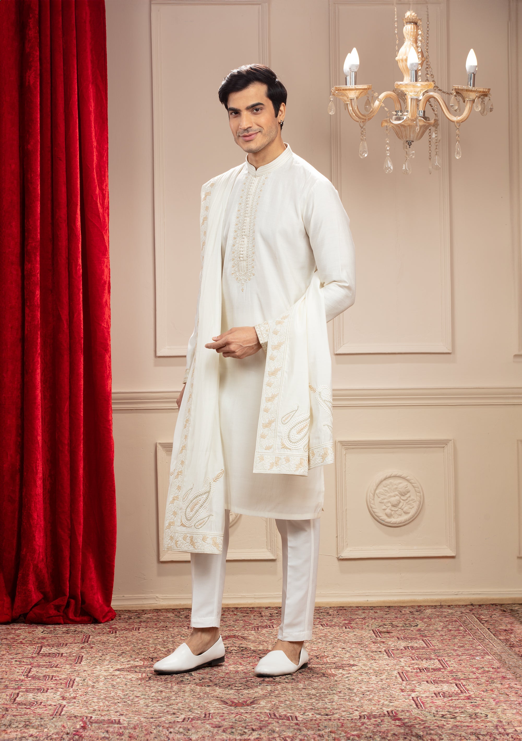 Alabaster White Banarasi Silk kurta with Resham work and matching Dupatta