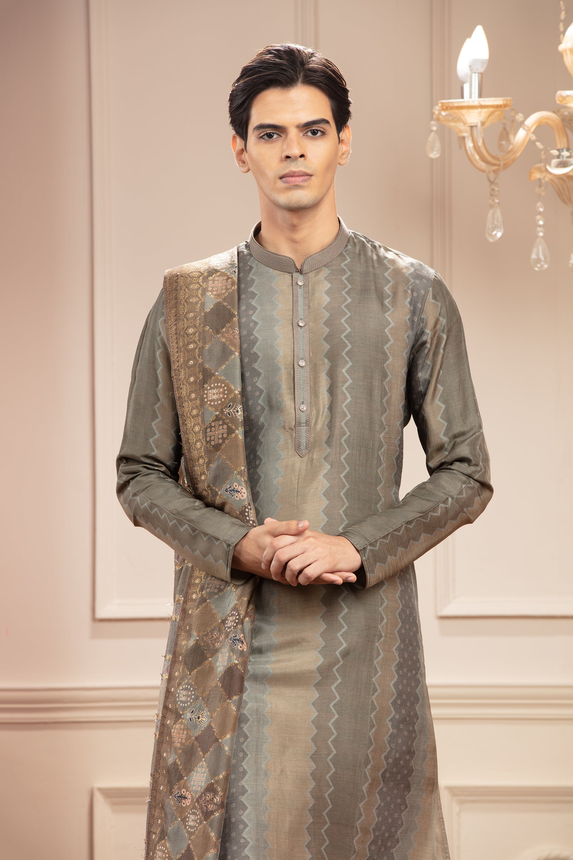 Mehendi Green Printed Banarasi kurta pajama Set with Matching Dupatta