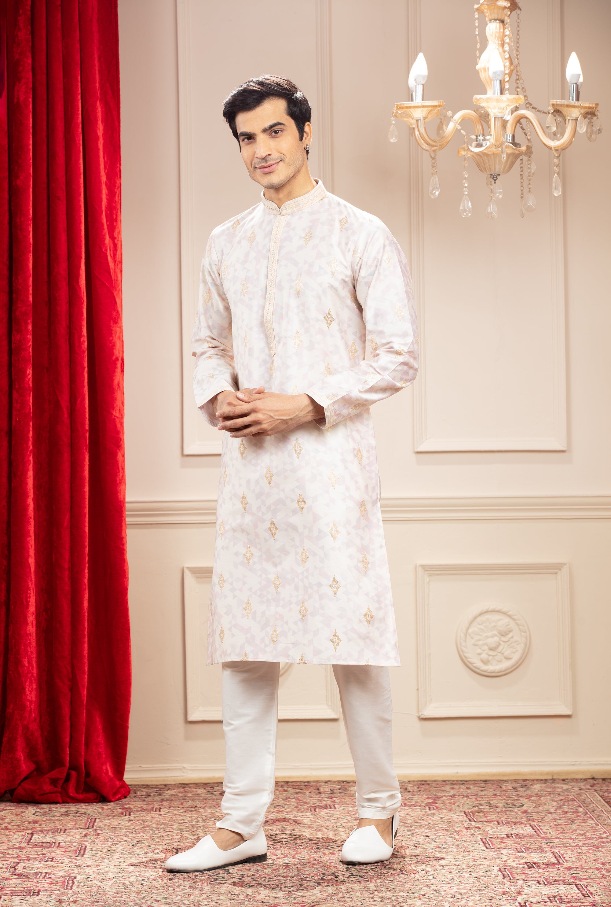 Rose White Printed Banarasi kurta pajama Set