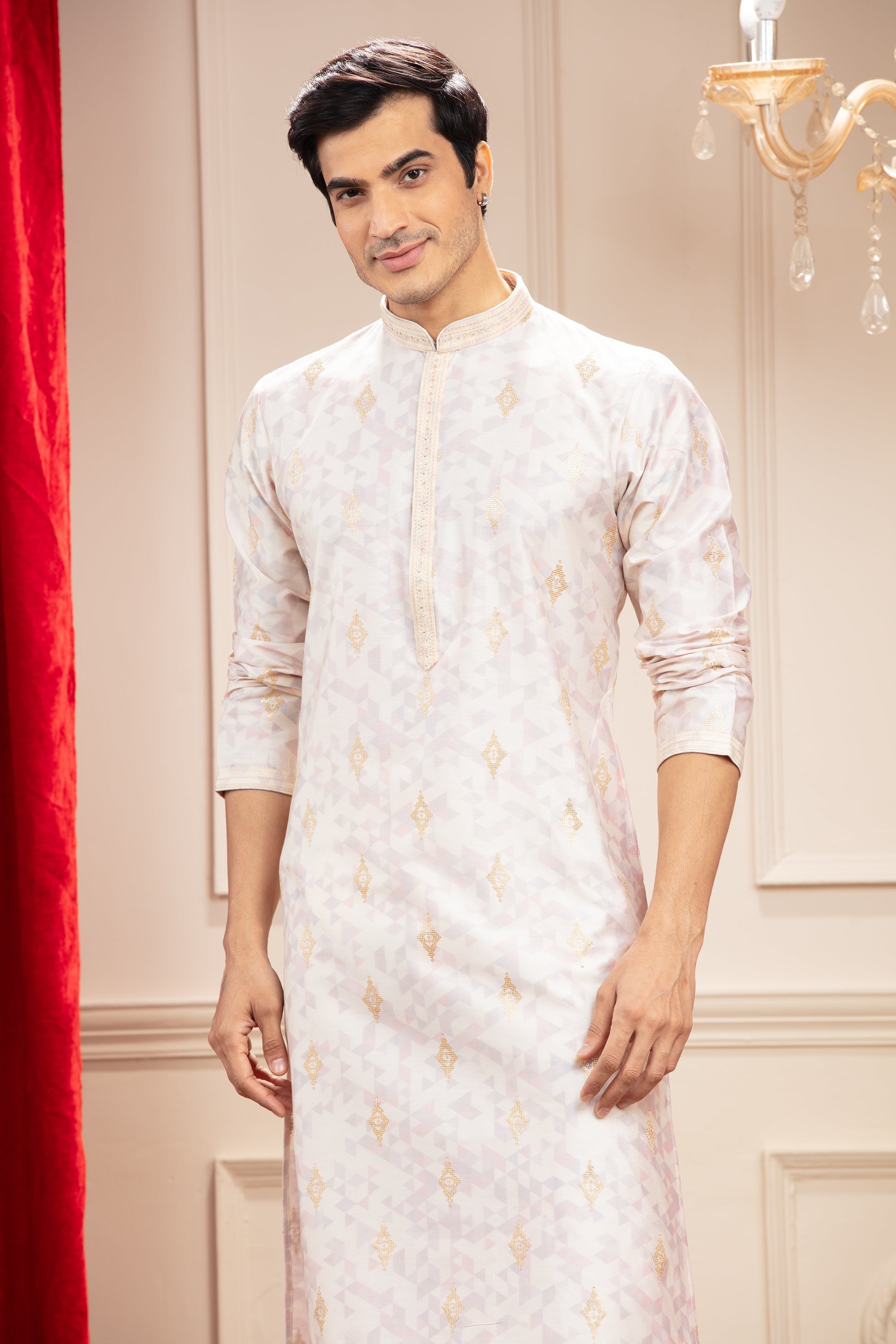 Rose White Printed Banarasi kurta pajama Set