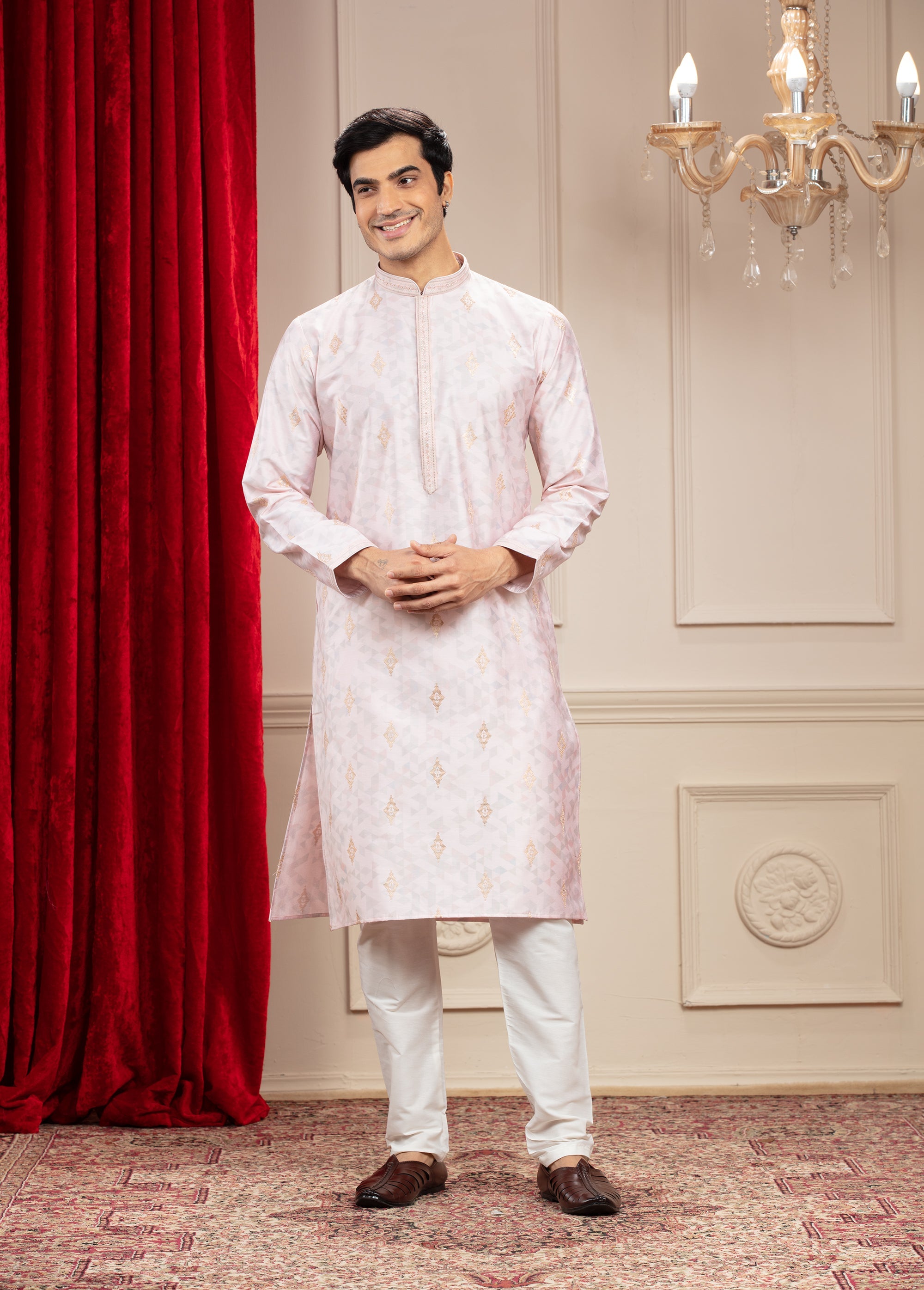 Rose White Printed Banarasi kurta pajama Set