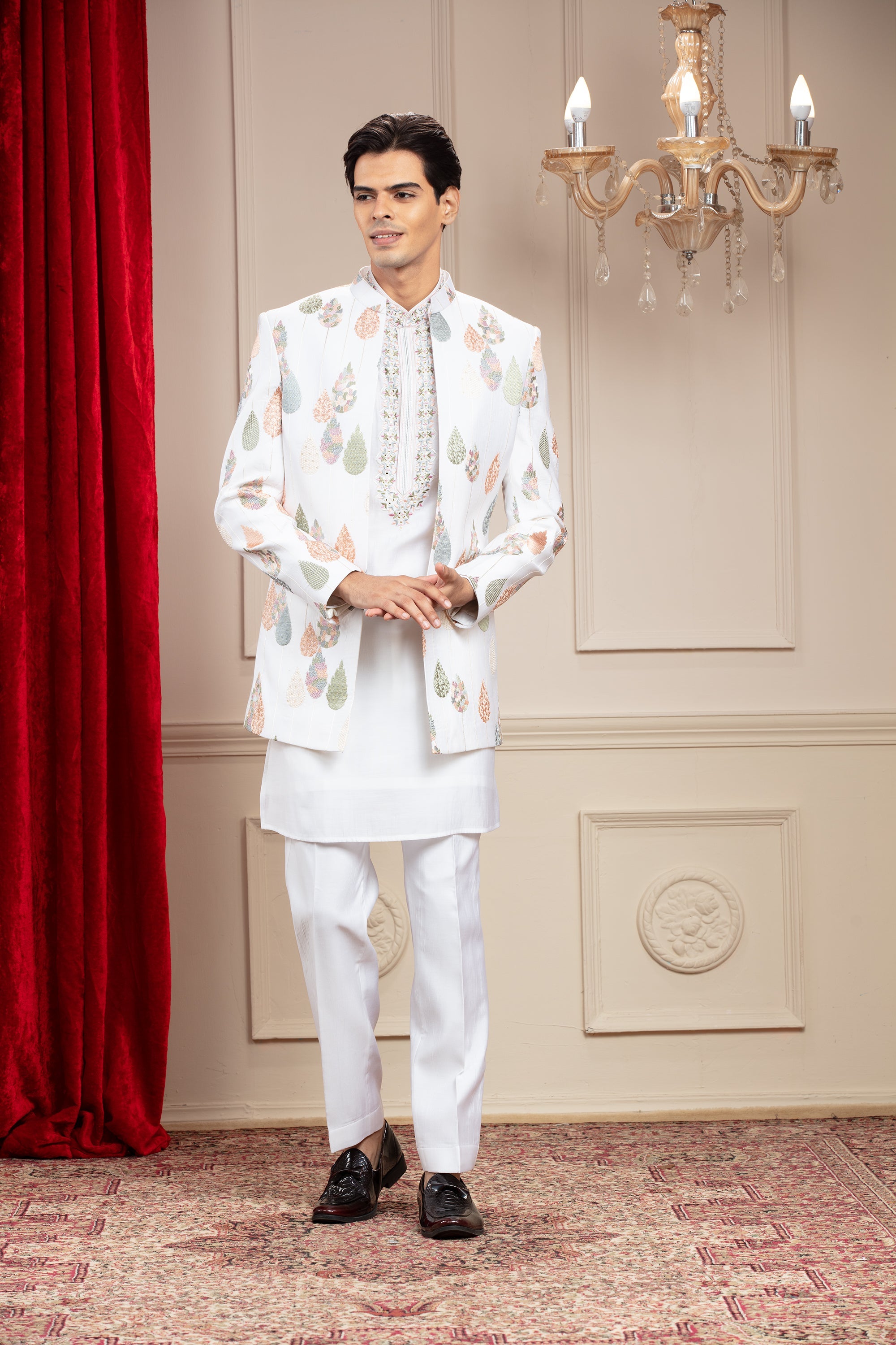 Milky White Open Jodhpuri Set with Resham and Computer Embroidery